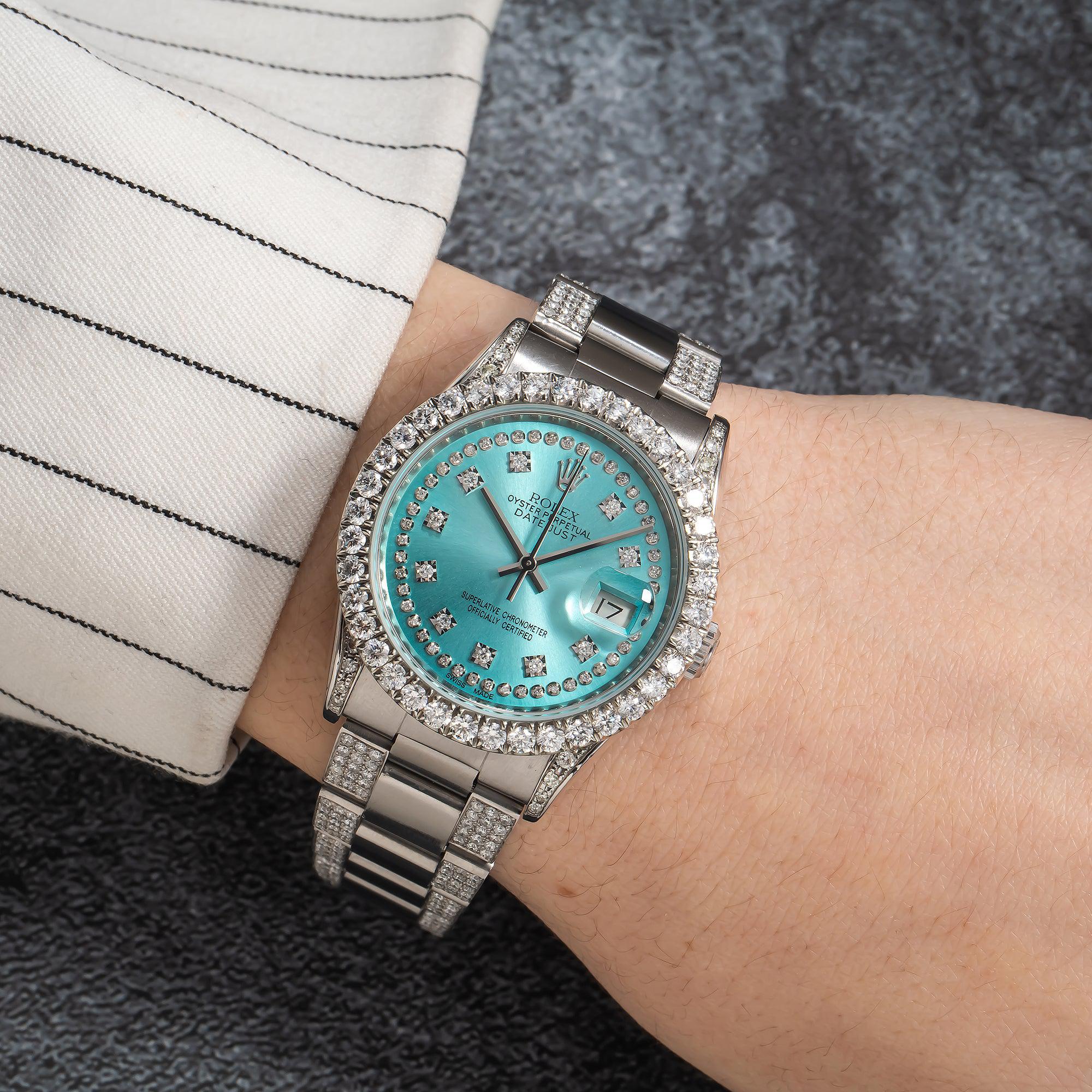 Rolex Datejust 36MM 16220 Turquoise Diamond Dial Diamond Bezel Stainless Steel Semi Diamond Oyster Bracelet