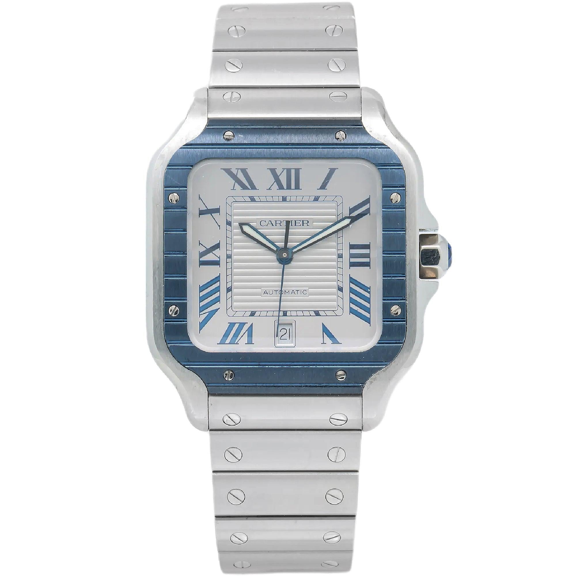 Cartier Santos 39.8MM WSSA0047 Silver Roman Dial Blue Ceramic Bezel Stainless Steel Bracelet