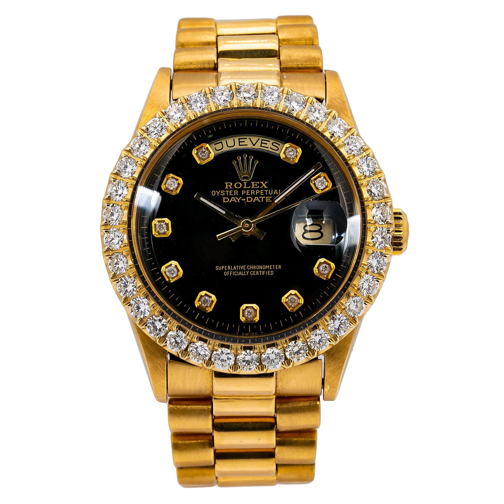 Rolex Day-Date 36MM 1803 Black Diamond Dial Diamond Bezel 18K Yellow Gold President Bracelet
