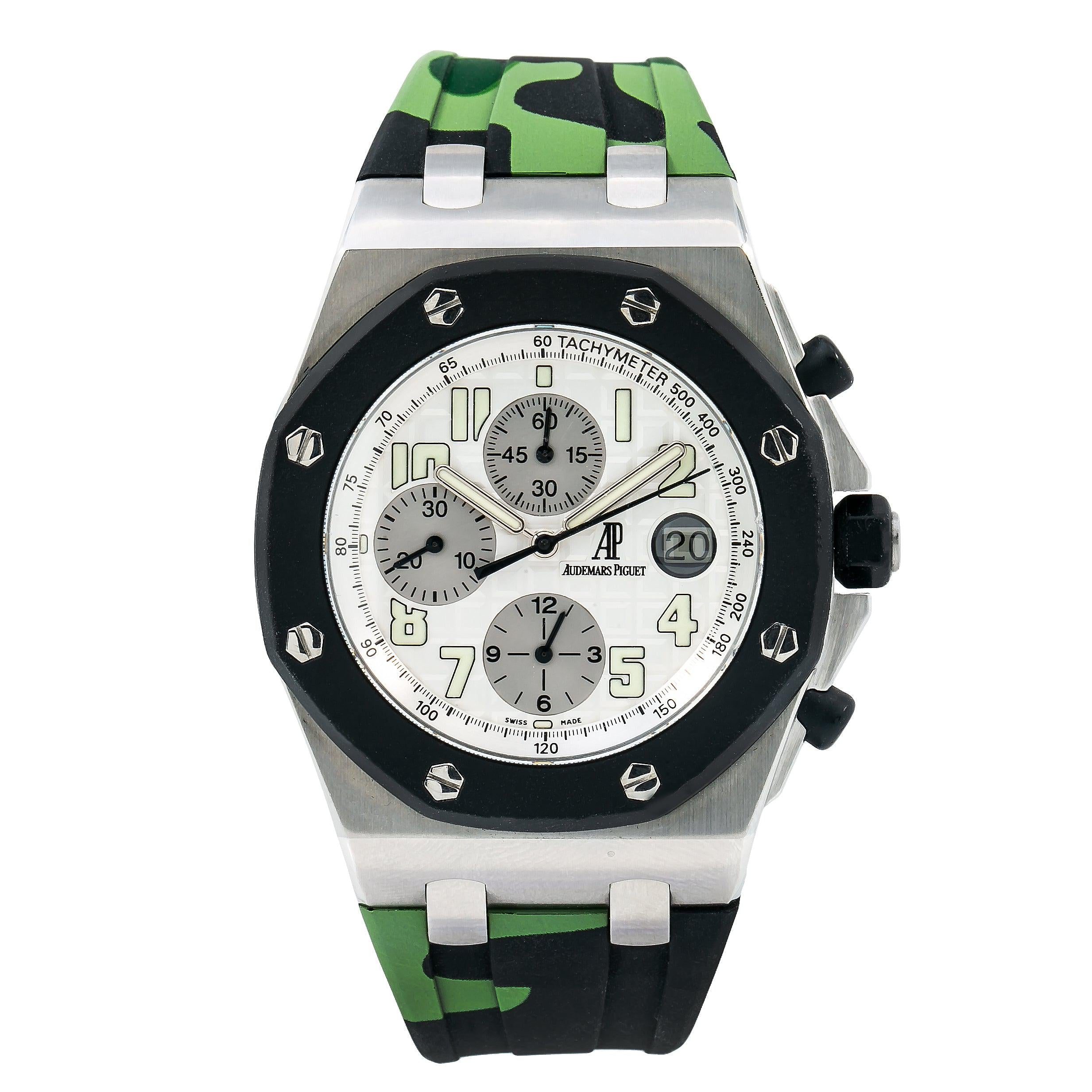 Audemars Piguet Royal Oak Offshore Chronograph 40MM 25940SK White Arabic Dial Rubberclad Bezel Green Camo Rubber Band