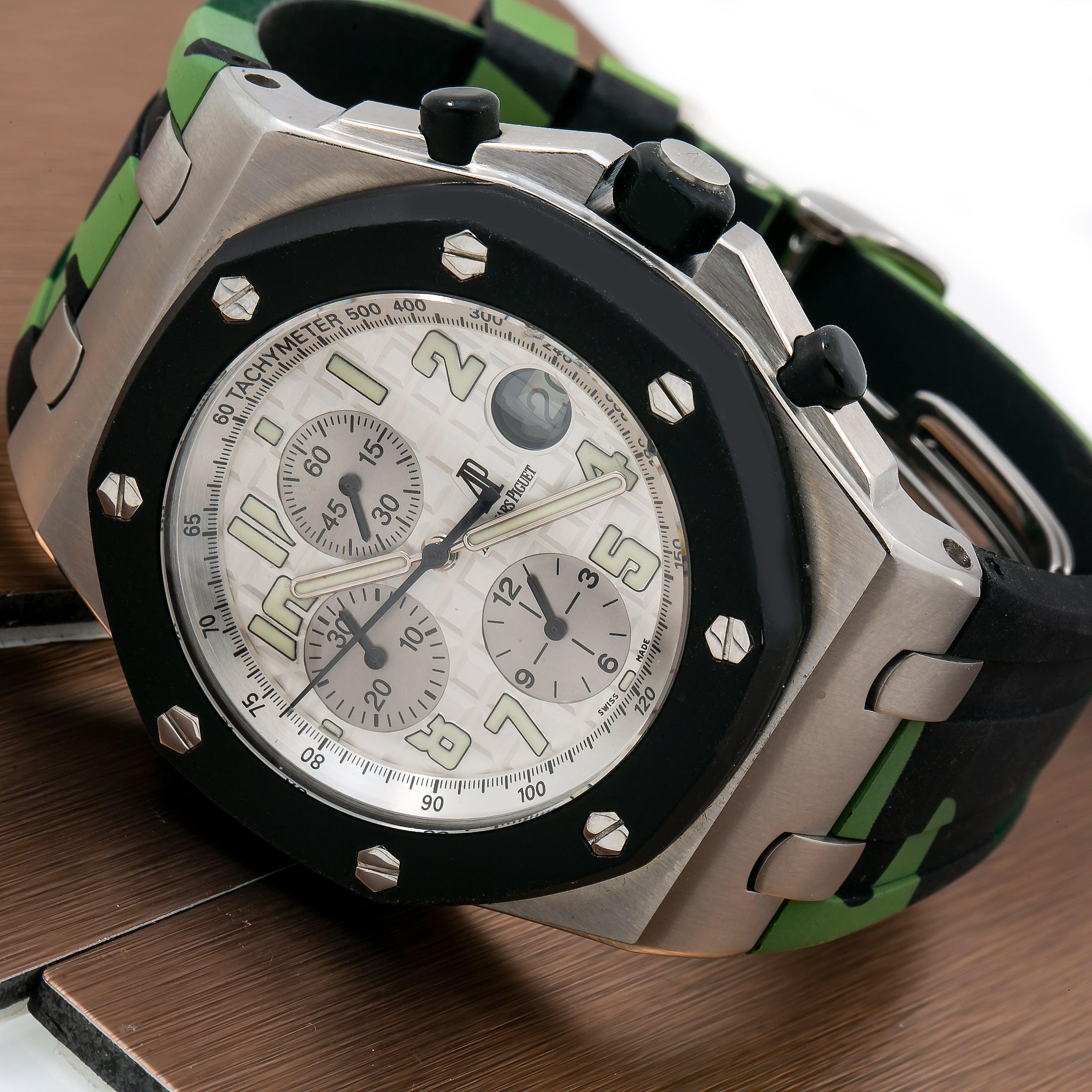 Audemars Piguet Royal Oak Offshore Chronograph 40MM 25940SK White Arabic Dial Rubberclad Bezel Green Camo Rubber Band