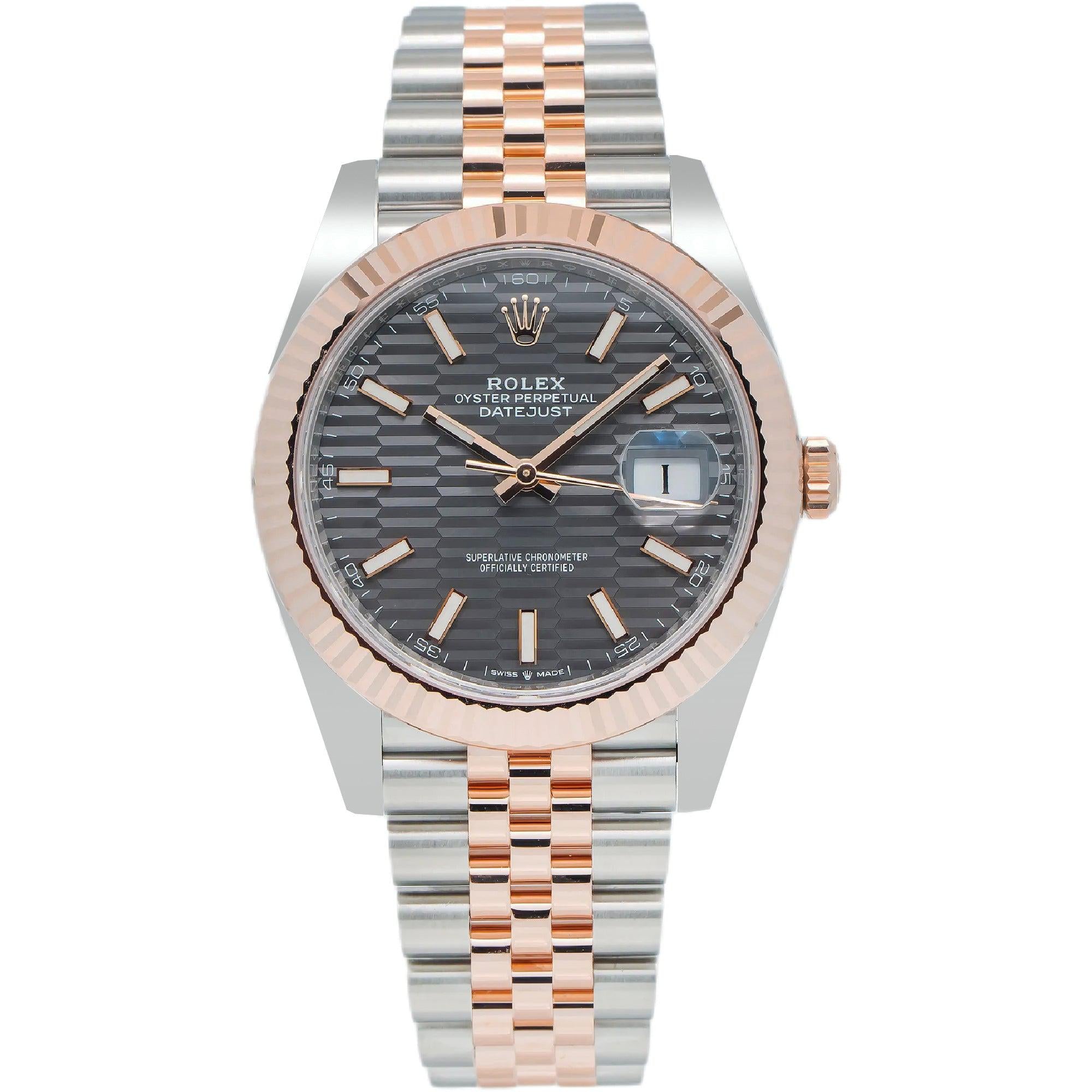 Rolex Datejust 41MM 126331 Slate Gray Motif Dial Rose Gold Fluted Bezel Two Tone Jubilee Bracelet