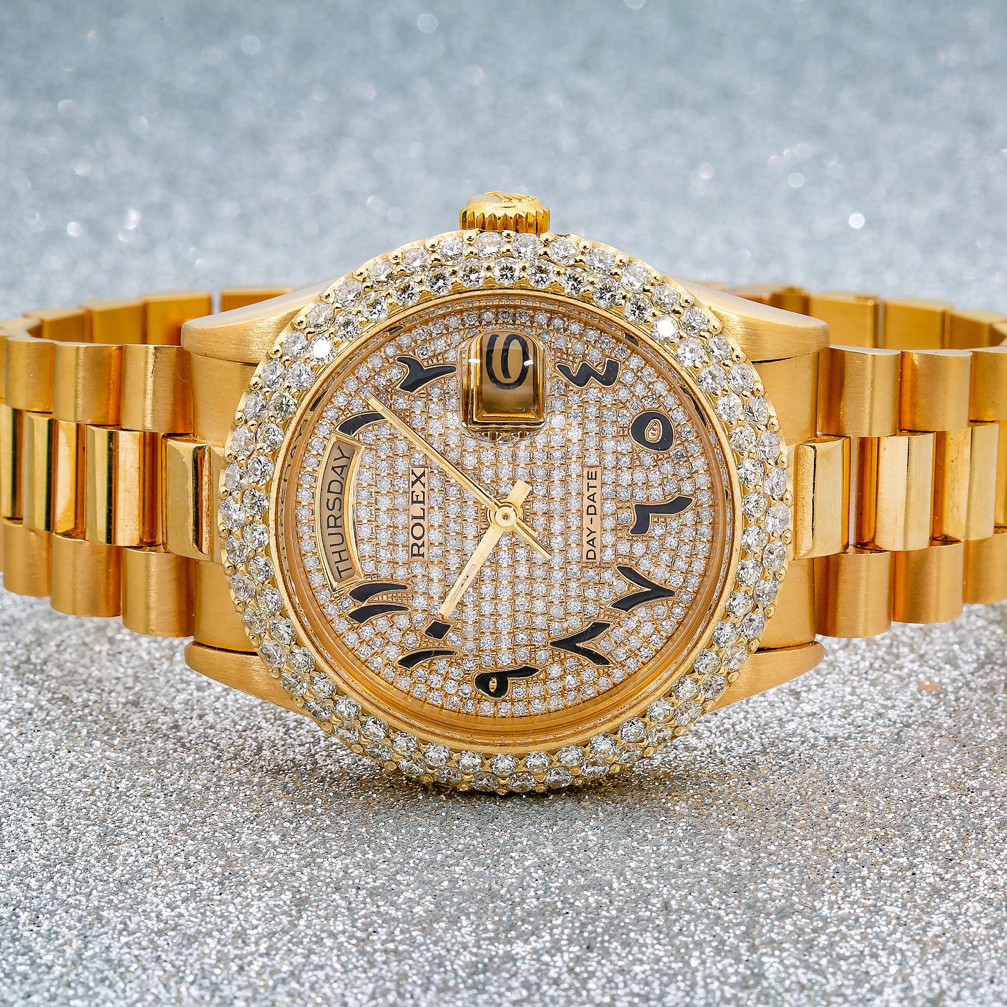 Rolex Day-Date 36MM 18038 Diamond Paved Eastern Arabic Dial Diamond Bezel 18K Yellow Gold President Bracelet