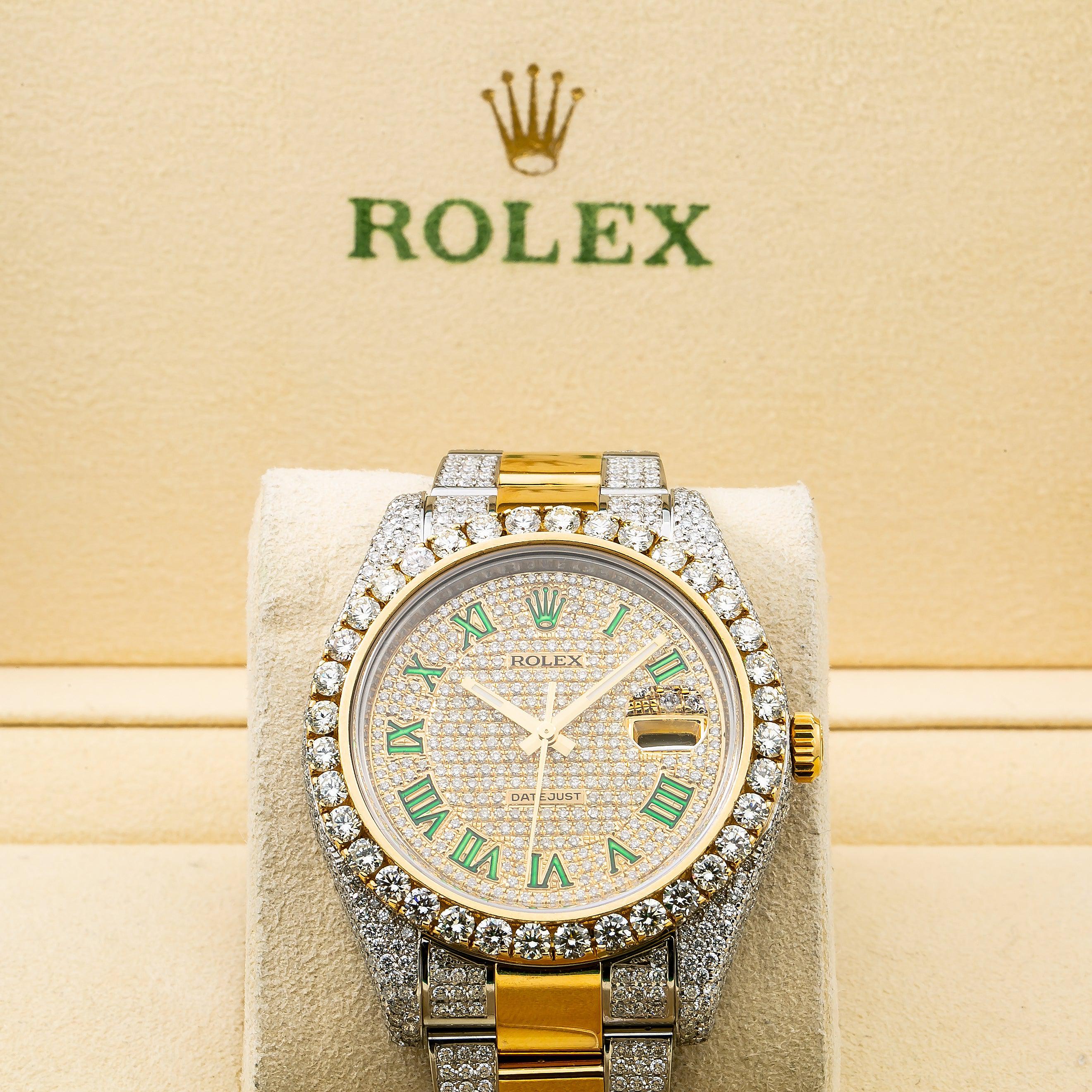 Rolex Datejust 36MM 116233 Diamond Paved Green Roman Dial Diamond Bezel Two Tone Yellow Gold Semi Diamond Oyster Bracelet 14.25ct