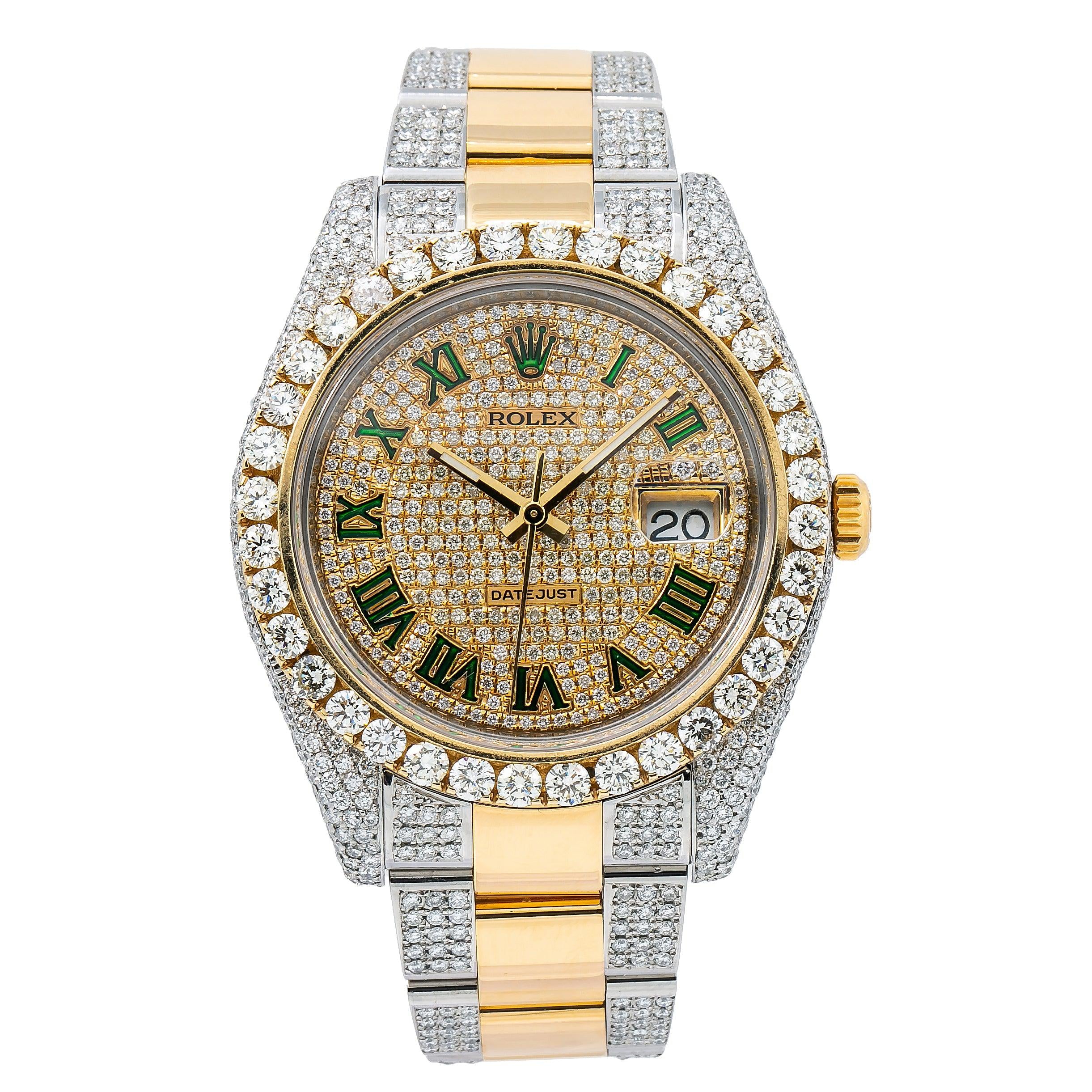 Rolex Datejust 36MM 116233 Diamond Paved Green Roman Dial Diamond Bezel Two Tone Semi Diamond Oyster Bracelet 14.25ct