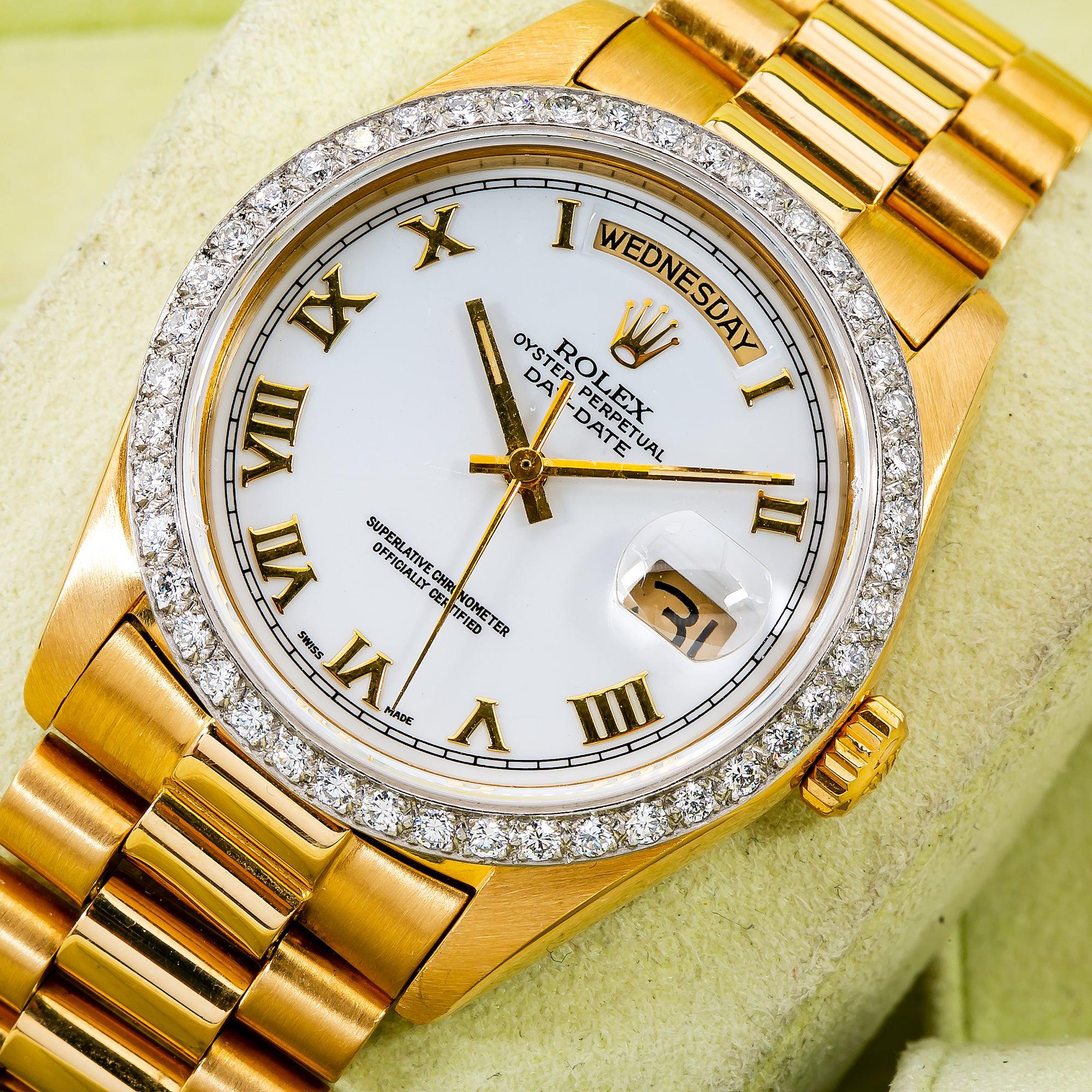 Rolex Day-Date 36MM 18038 White Roman Dial Diamond Bezel 18K Yellow Gold President Bracelet