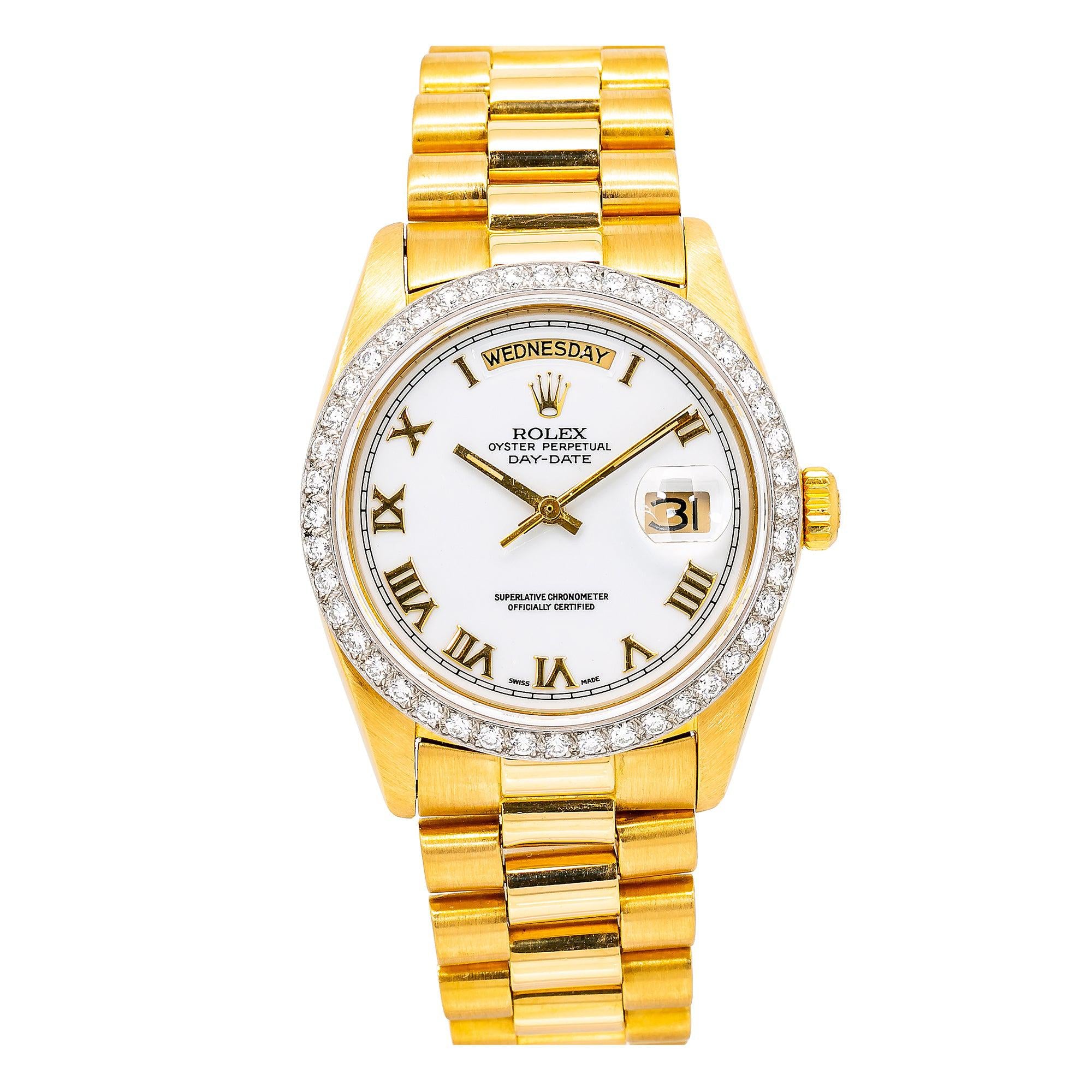 Rolex Day-Date 36MM 18038 White Roman Dial Diamond Bezel 18K Yellow Gold President Bracelet