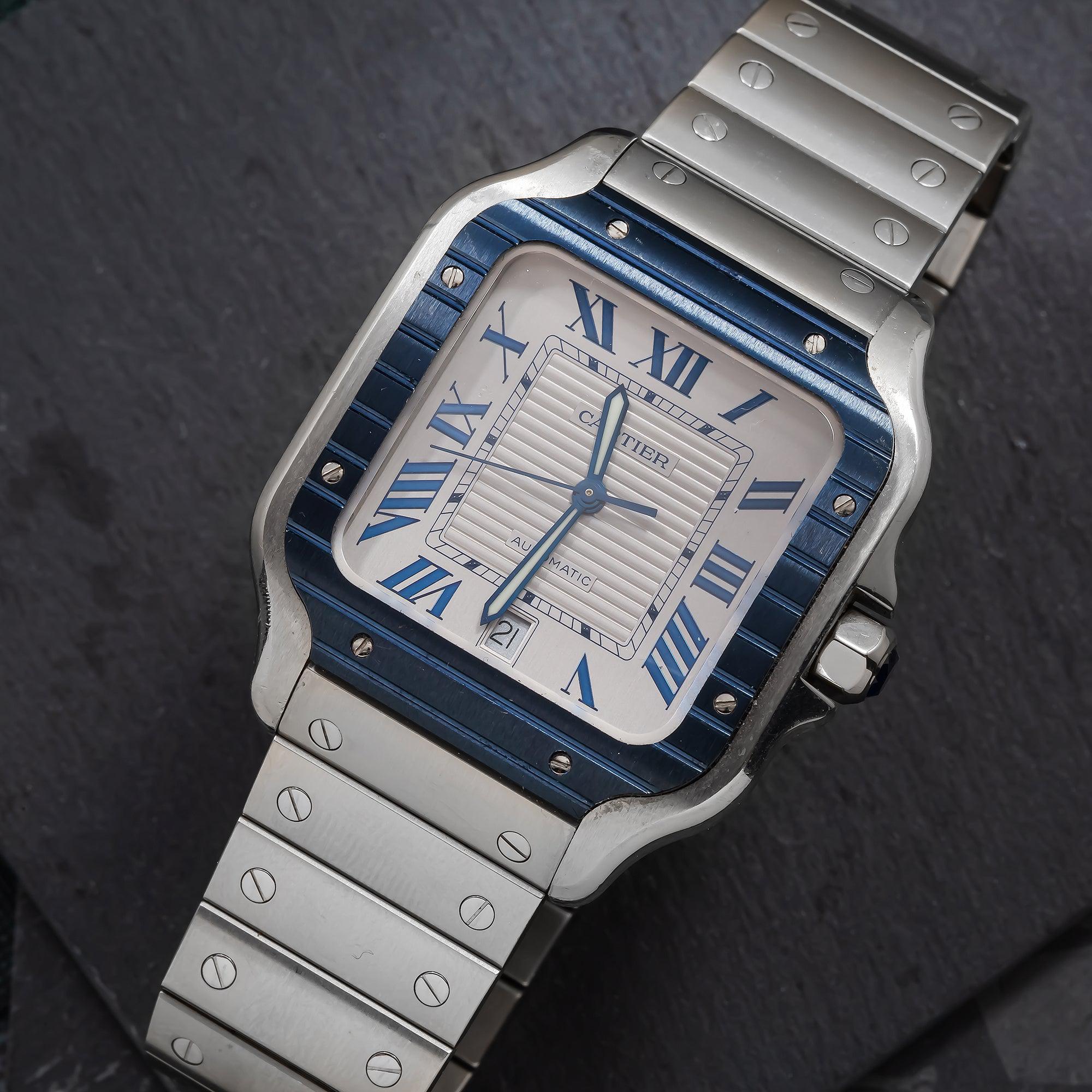 Cartier Santos 39.8MM WSSA0047 Silver Roman Dial Blue Ceramic Bezel Stainless Steel Bracelet