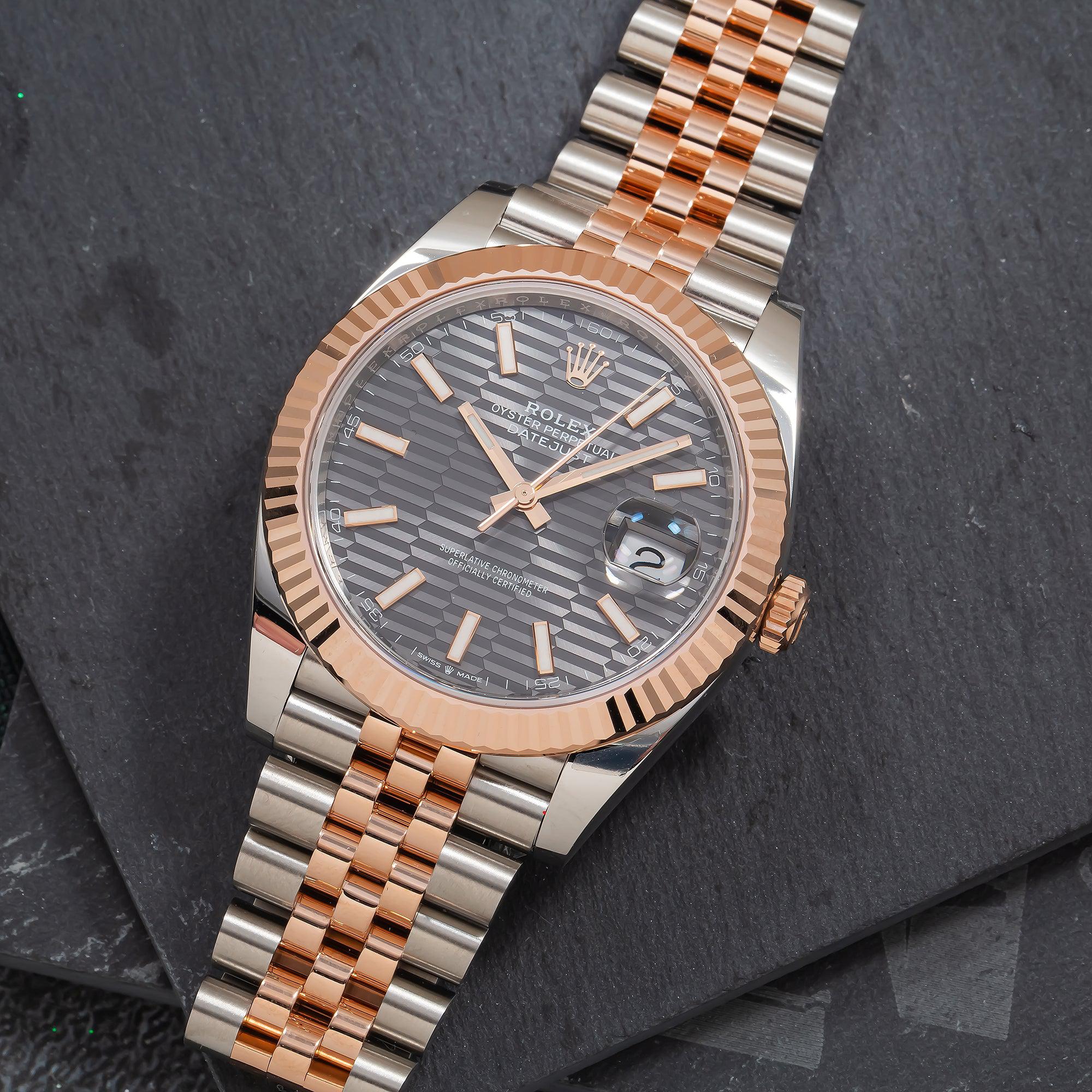 Rolex Datejust 41MM 126331 Gray Motif Dial Fluted Bezel Two Tone Rose Gold Jubilee Bracelet
