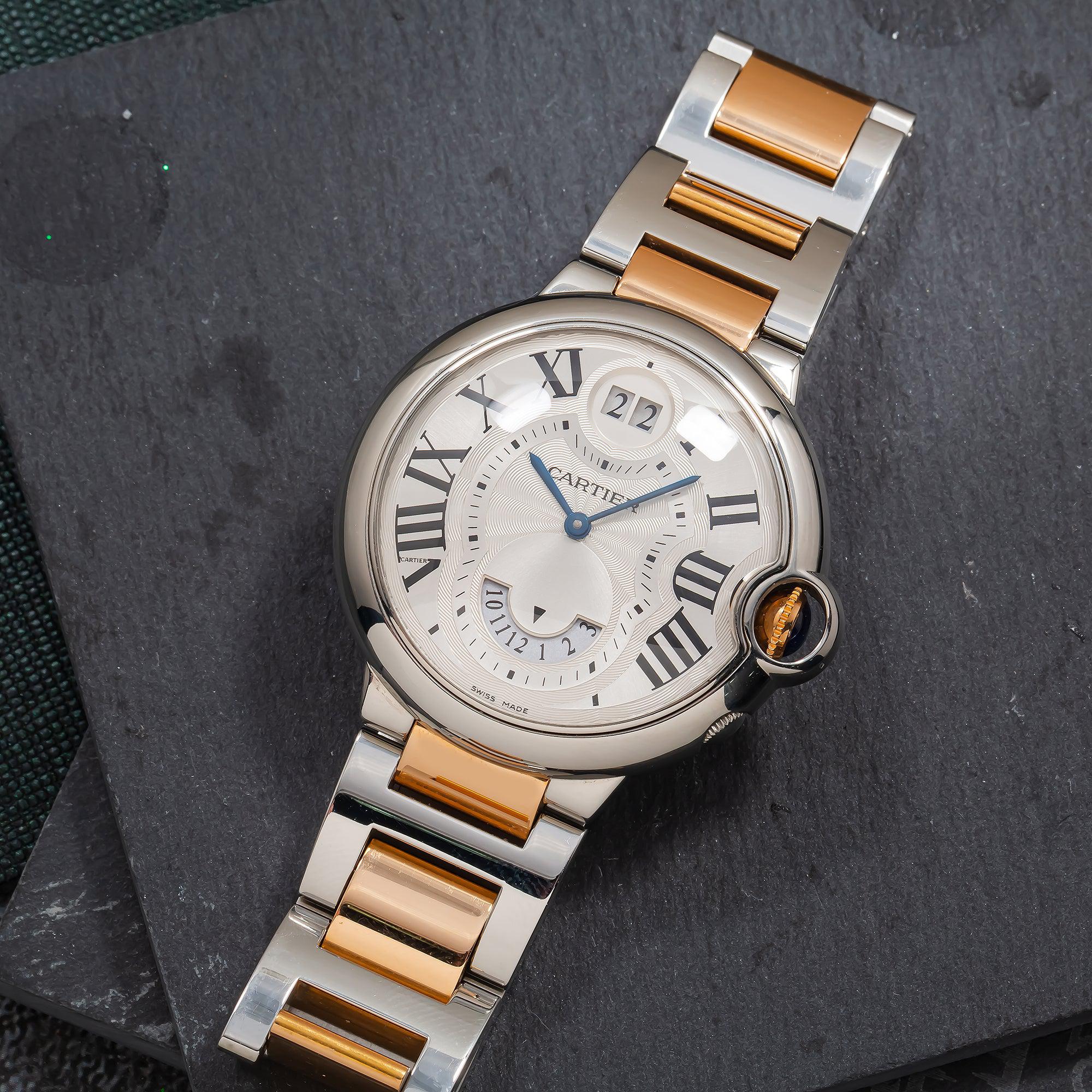 Cartier Ballon Bleu 38MM W6920027 / 3194 Silver Roman Dial Two Tone Rose Gold Bracelet