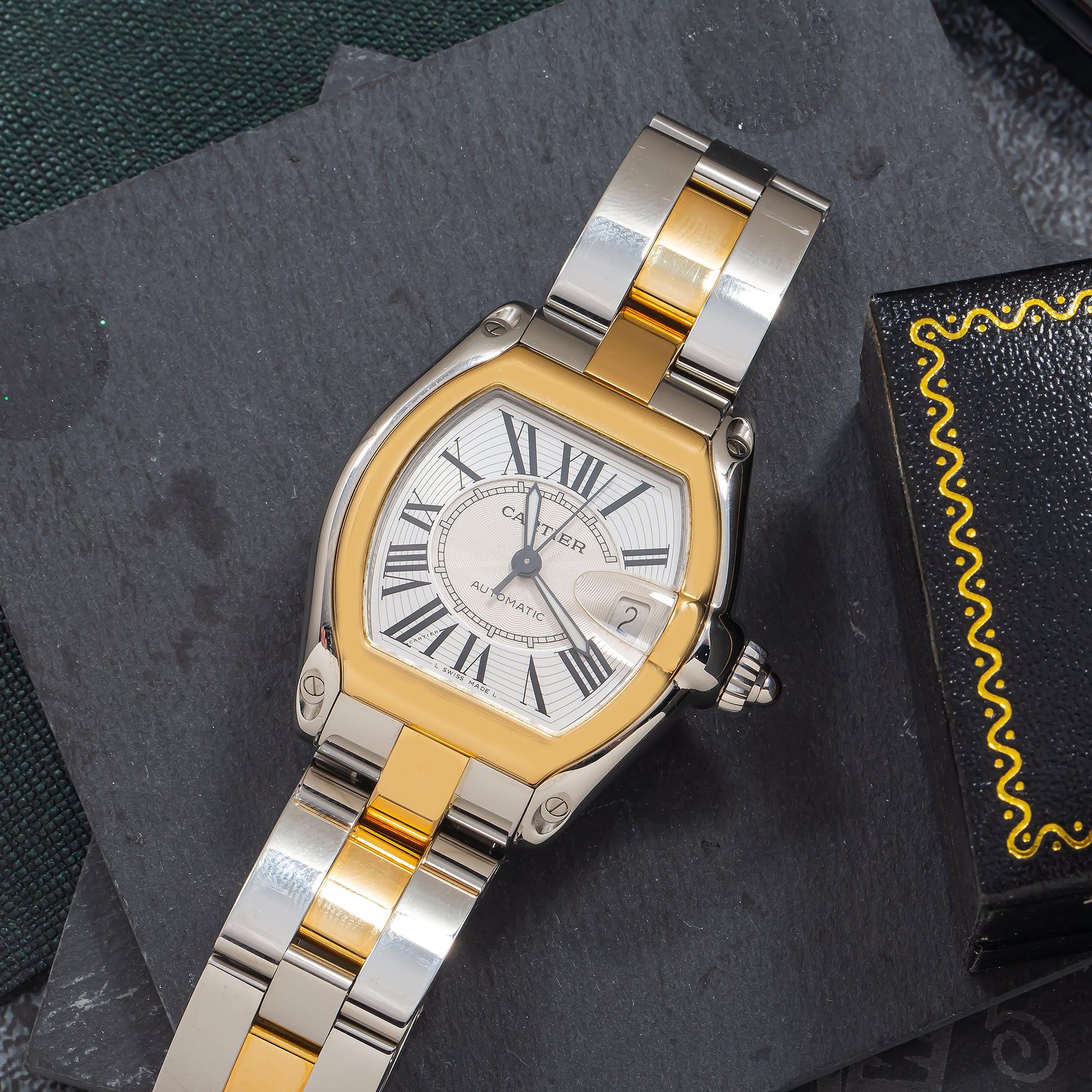 Cartier Roadster 36MM W62031Y4 / 2510 Silver Roman Dial Yellow Gold Bezel Two Tone Yellow Gold Bracelet