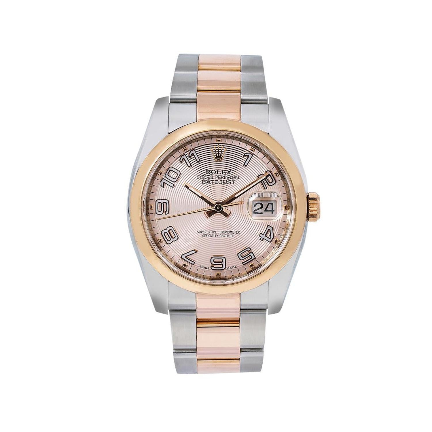 Rolex Datejust 36MM 116201 Pink Concentric Arabic Dial Rose Gold Smooth Bezel Two Tone Oyster Bracelet