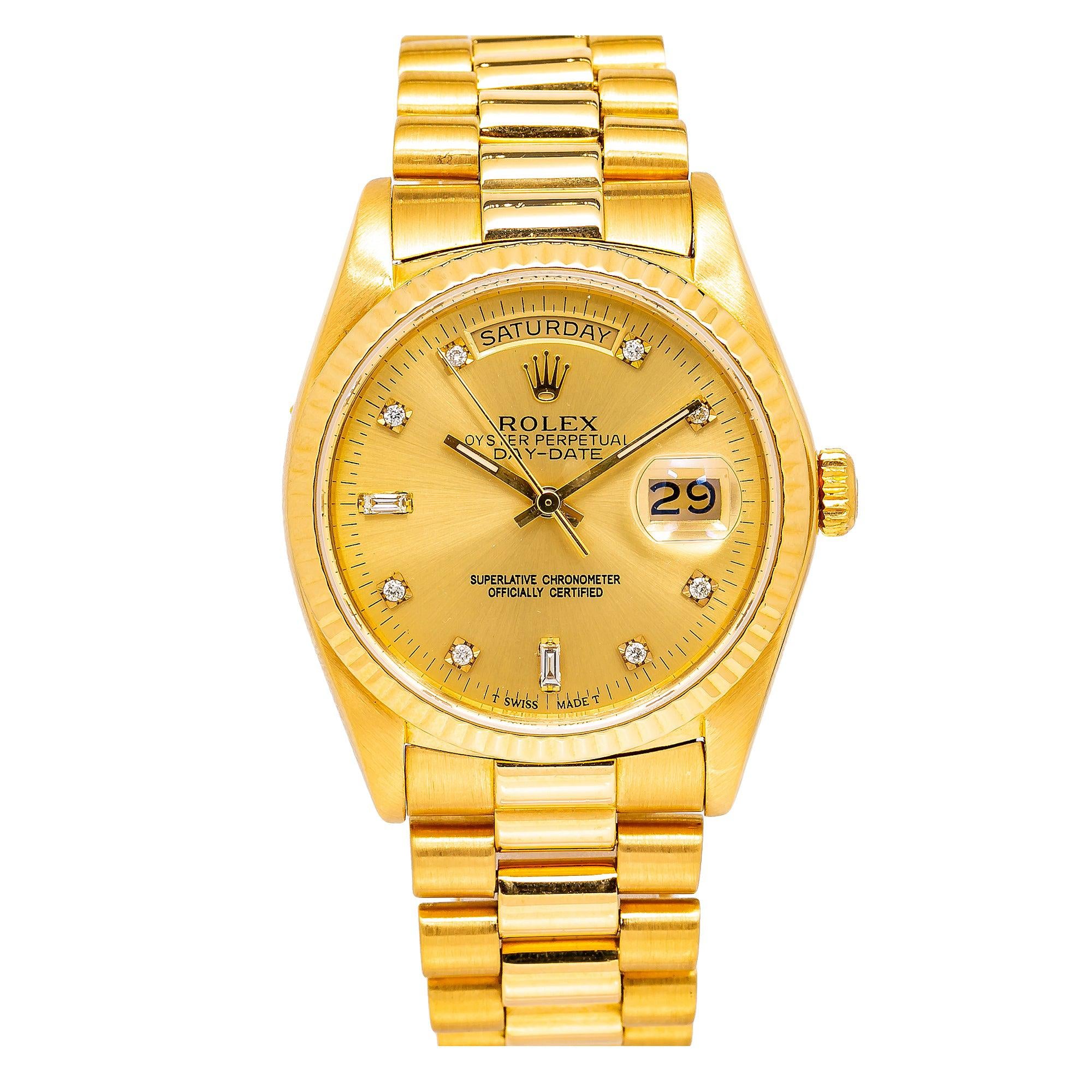 Rolex Day-Date 36MM 18038 Champagne Diamond Dial Yellow Gold Fluted Bezel 18K Yellow Gold President Bracelet