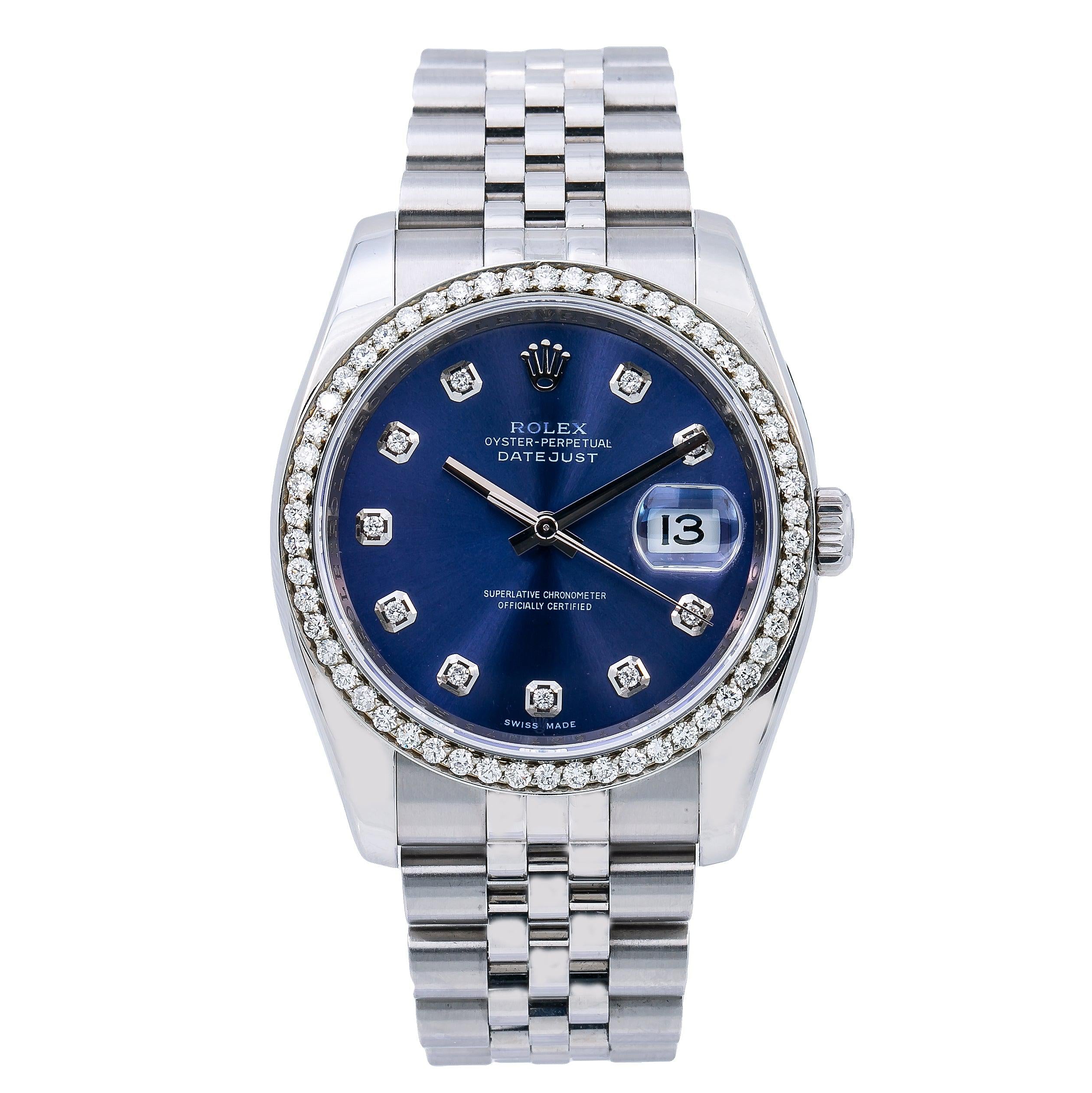 Rolex Datejust 36MM 116200 Blue Diamond Dial Diamond Bezel Stainless Steel Jubilee Bracelet 1.2ct