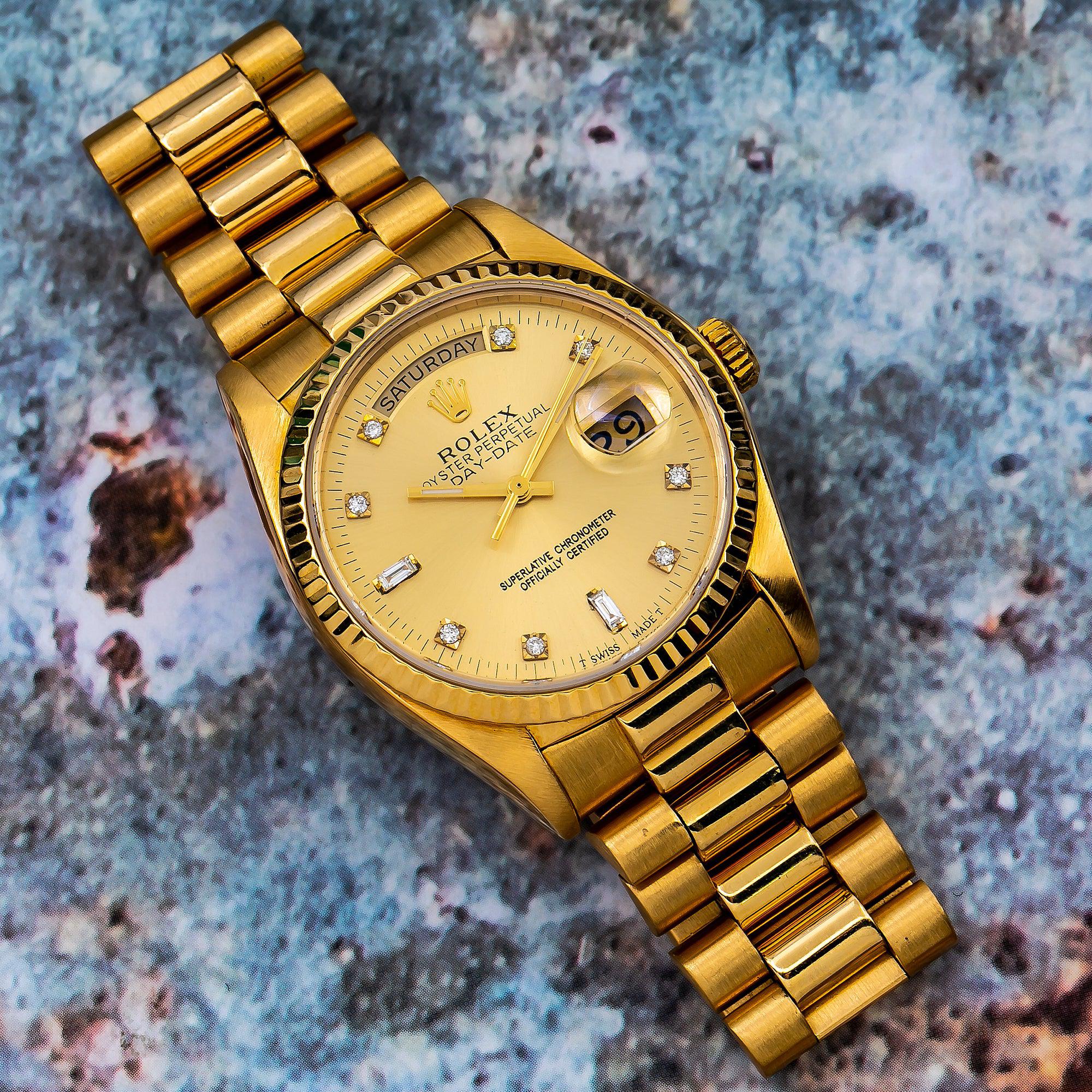Rolex Day-Date 36MM 18038 Champagne Diamond Dial Fluted Bezel 18K Yellow Gold President Bracelet