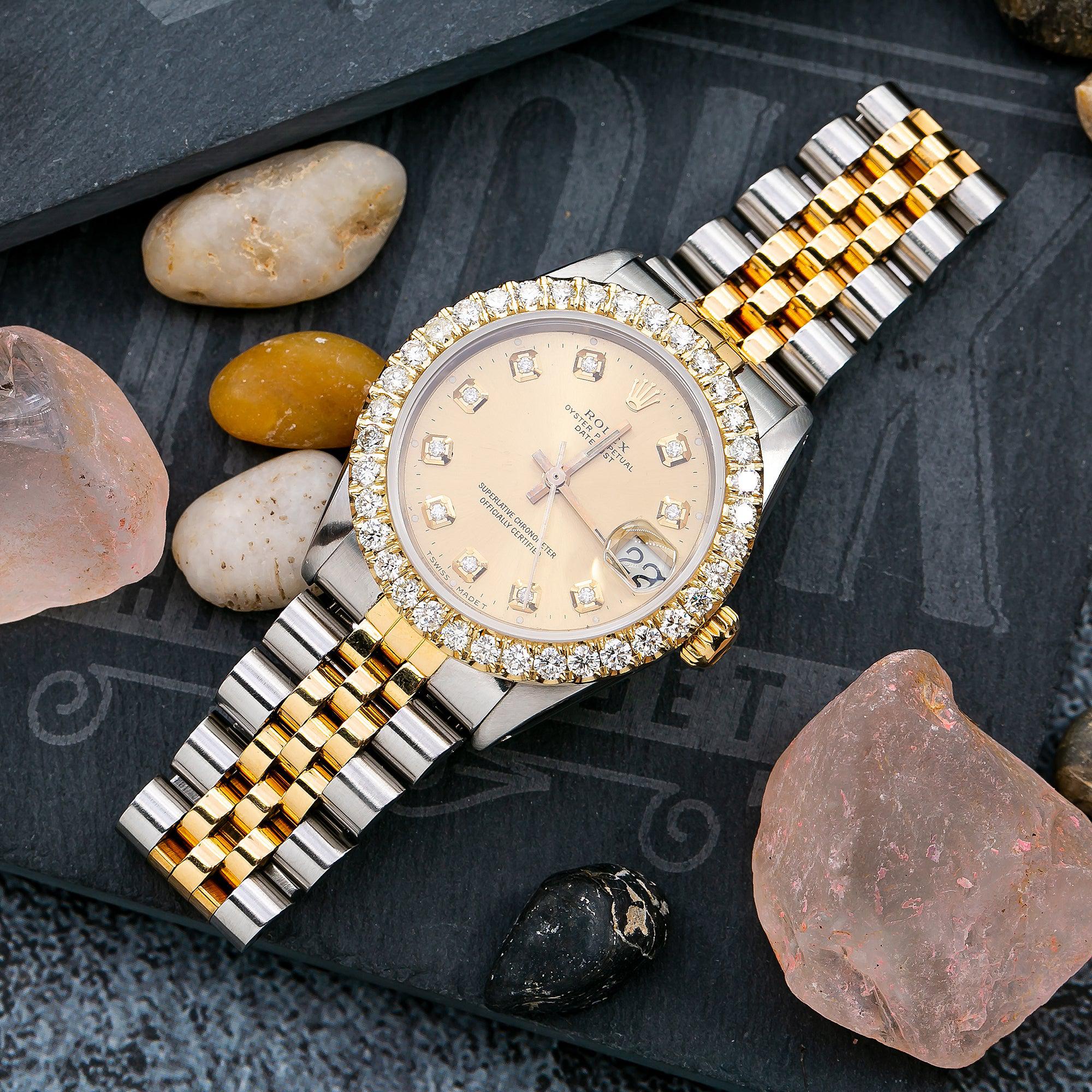 Rolex Datejust 31MM 6827 Champagne Diamond Dial Diamond Bezel Two Tone Yellow Gold Jubilee Bracelet