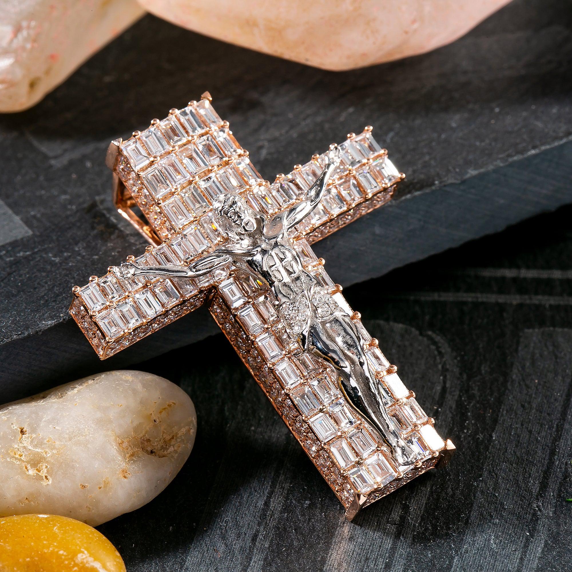 14K Rose Gold Unisex Cross Pendant With 1.40 CT Diamonds