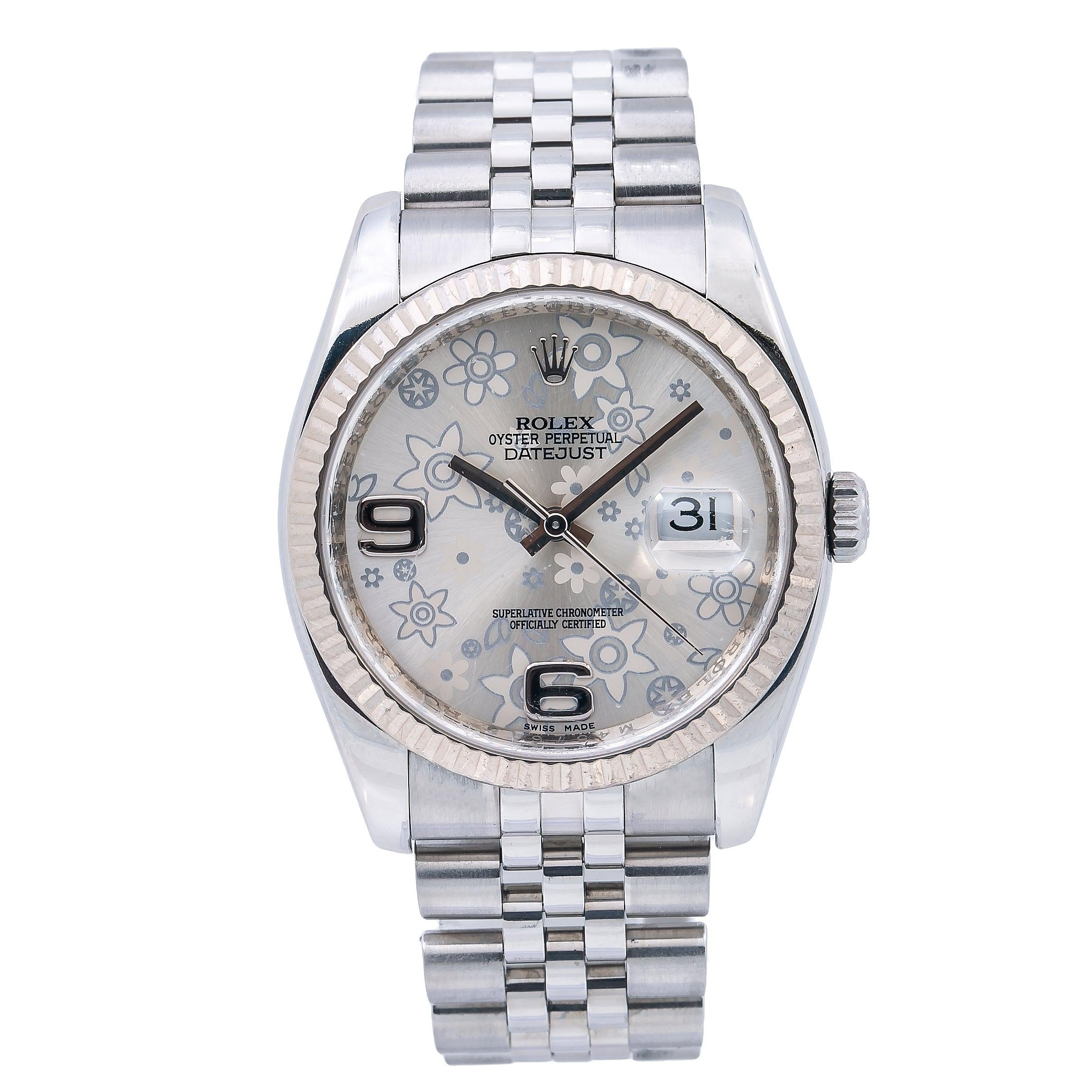 Rolex Datejust 36MM 116234 Silver Floral Arabic Dial White Gold Fluted Bezel Stainless Steel Jubilee Bracelet