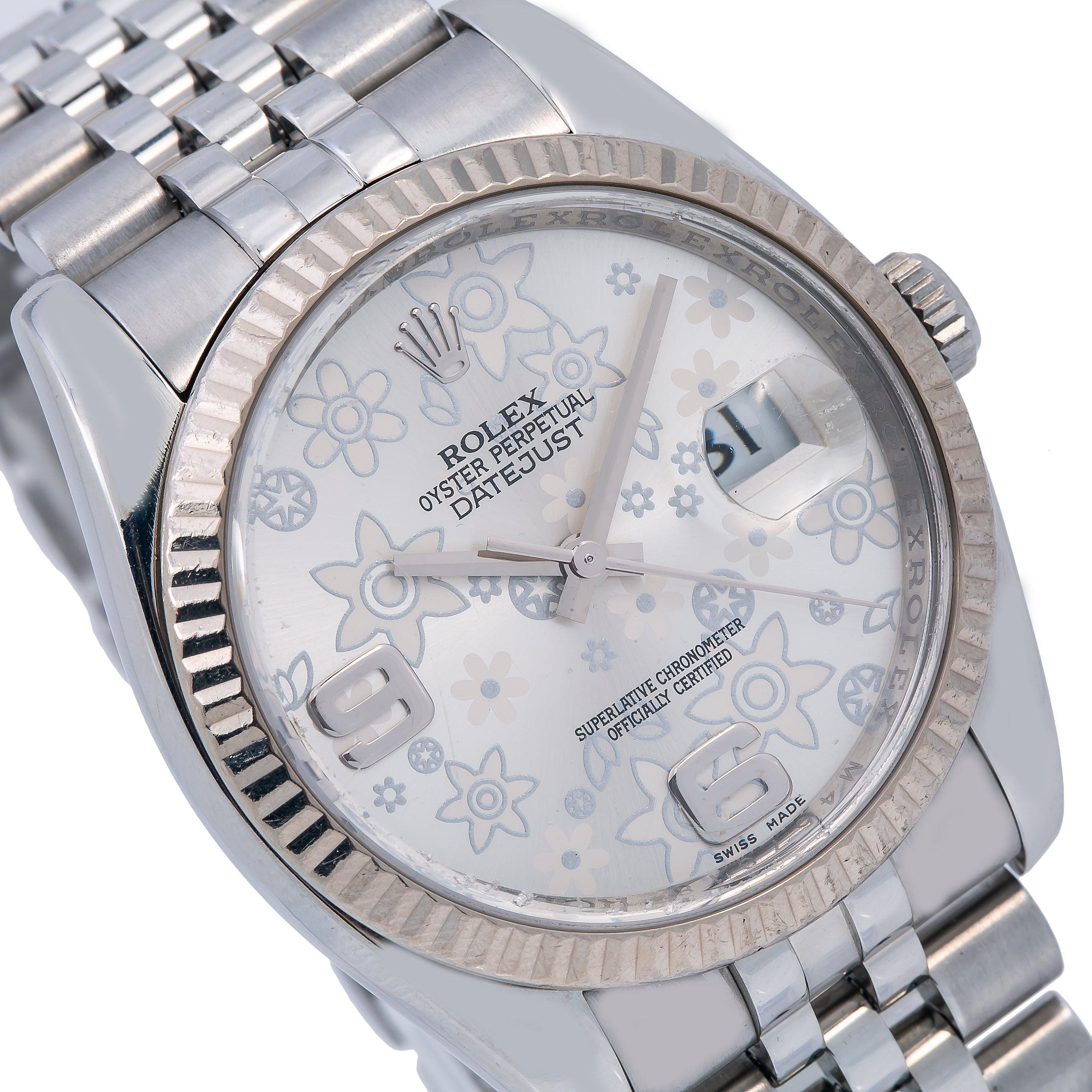 Rolex Datejust 36MM 116234 Silver Floral Arabic Dial Fluted Bezel Stainless Steel Jubilee Bracelet