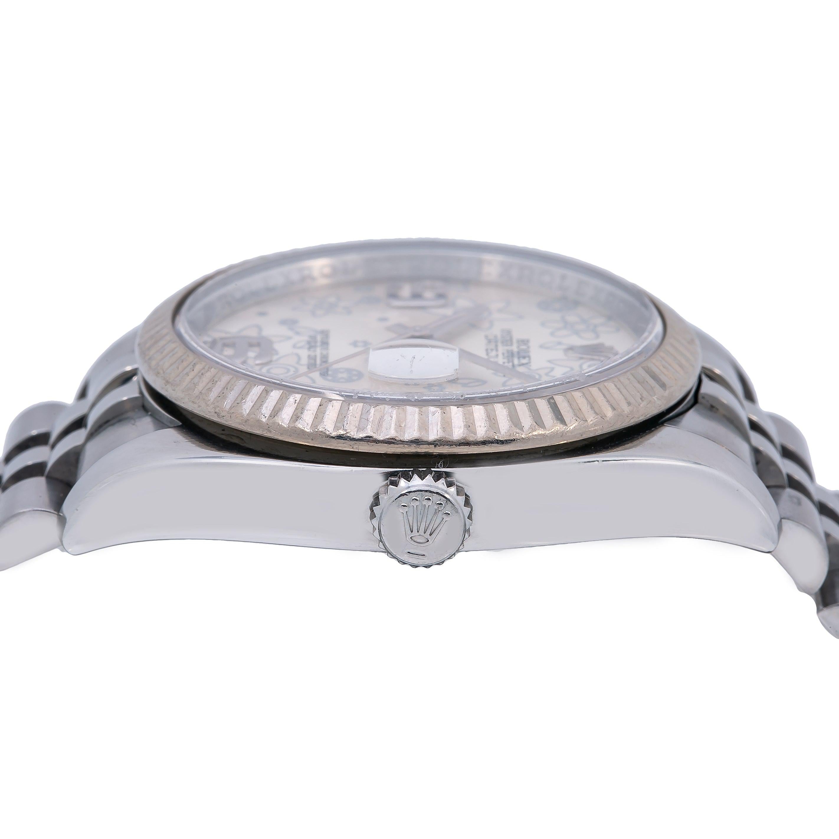 Rolex Datejust 36MM 116234 Silver Floral Arabic Dial Fluted Bezel Stainless Steel Jubilee Bracelet