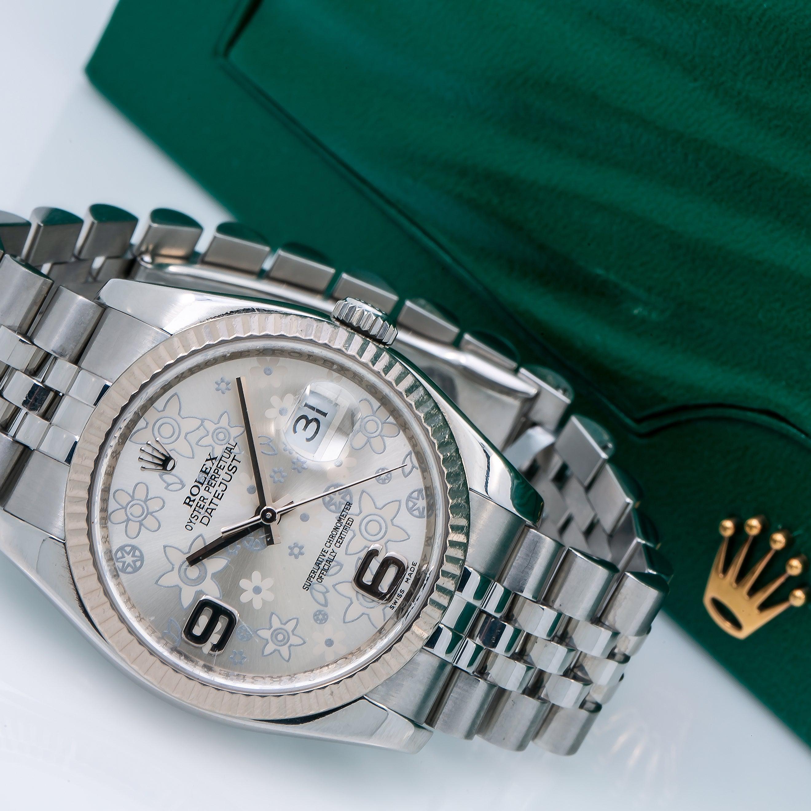 Rolex Datejust 36MM 116234 Silver Floral Arabic Dial Fluted Bezel Stainless Steel Jubilee Bracelet
