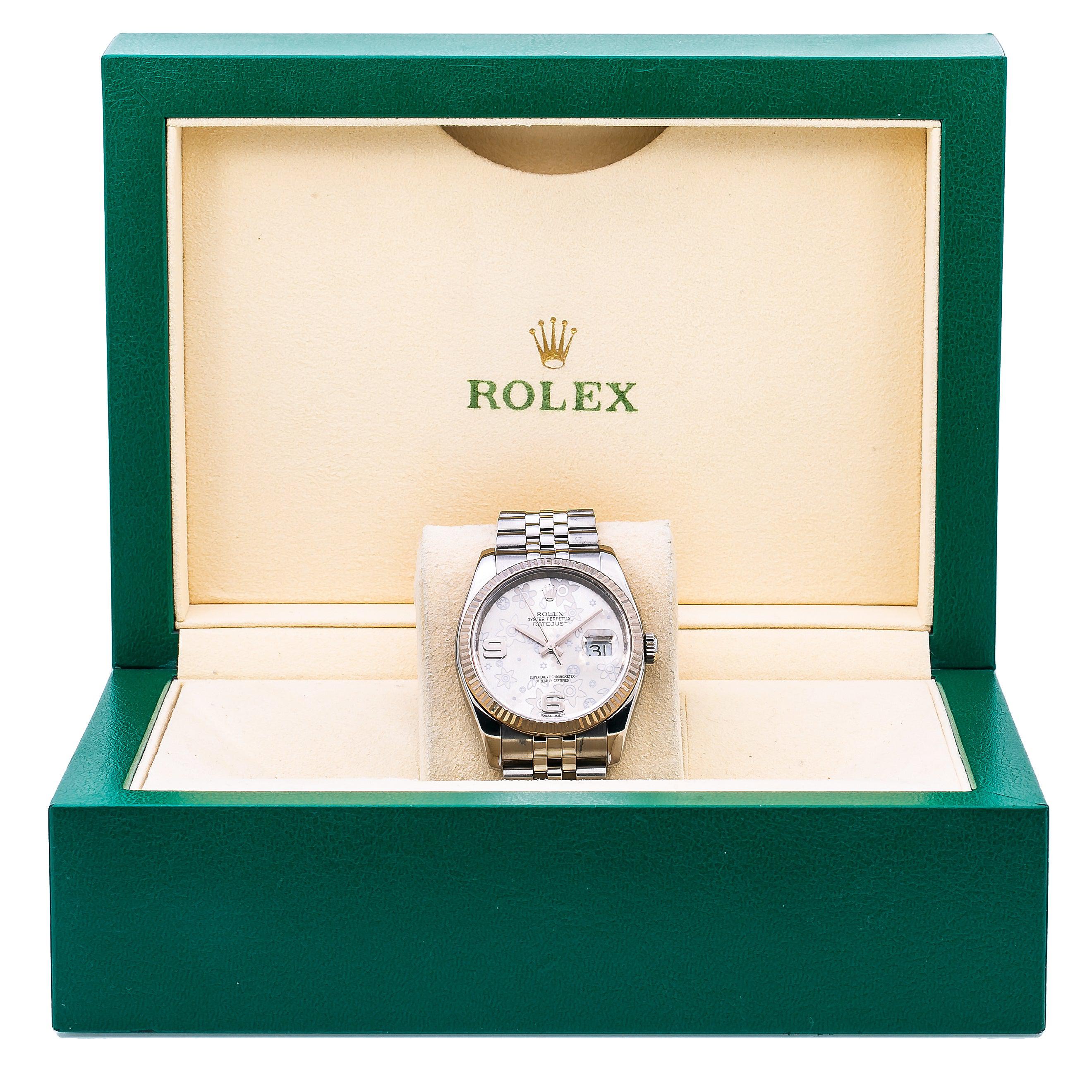 Rolex Datejust 36MM 116234 Silver Floral Arabic Dial Fluted Bezel Stainless Steel Jubilee Bracelet