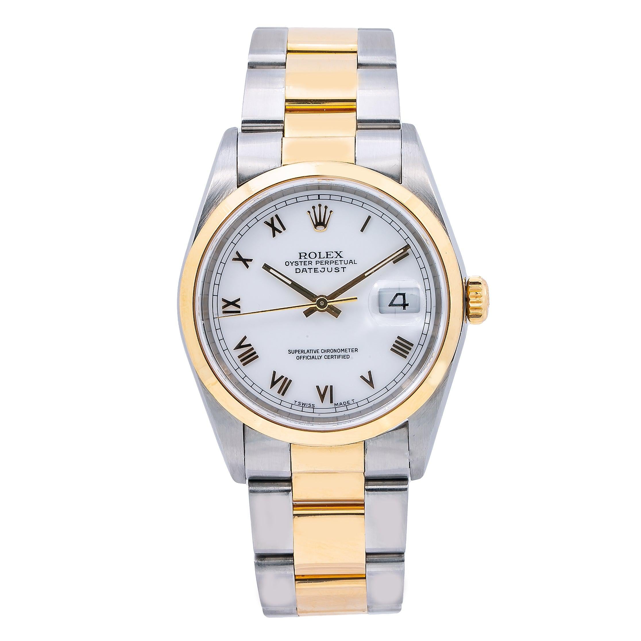 Rolex Datejust 36MM 16203 White Roman Dial Yellow Gold Smooth Bezel Two Tone Oyster Bracelet