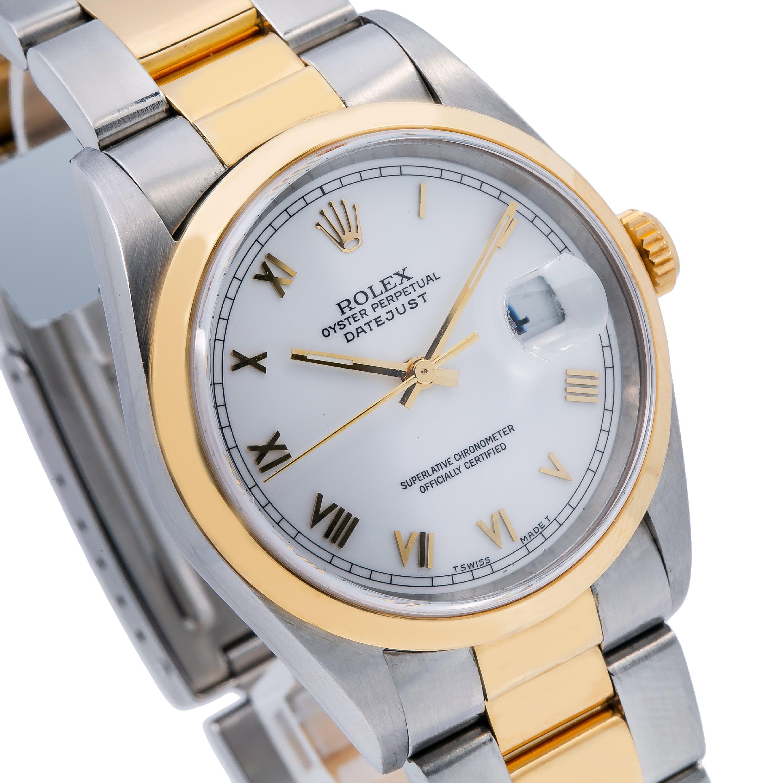 Rolex Datejust 36MM 16203 White Roman Dial Smooth Bezel Two Tone Yellow Gold Oyster Bracelet