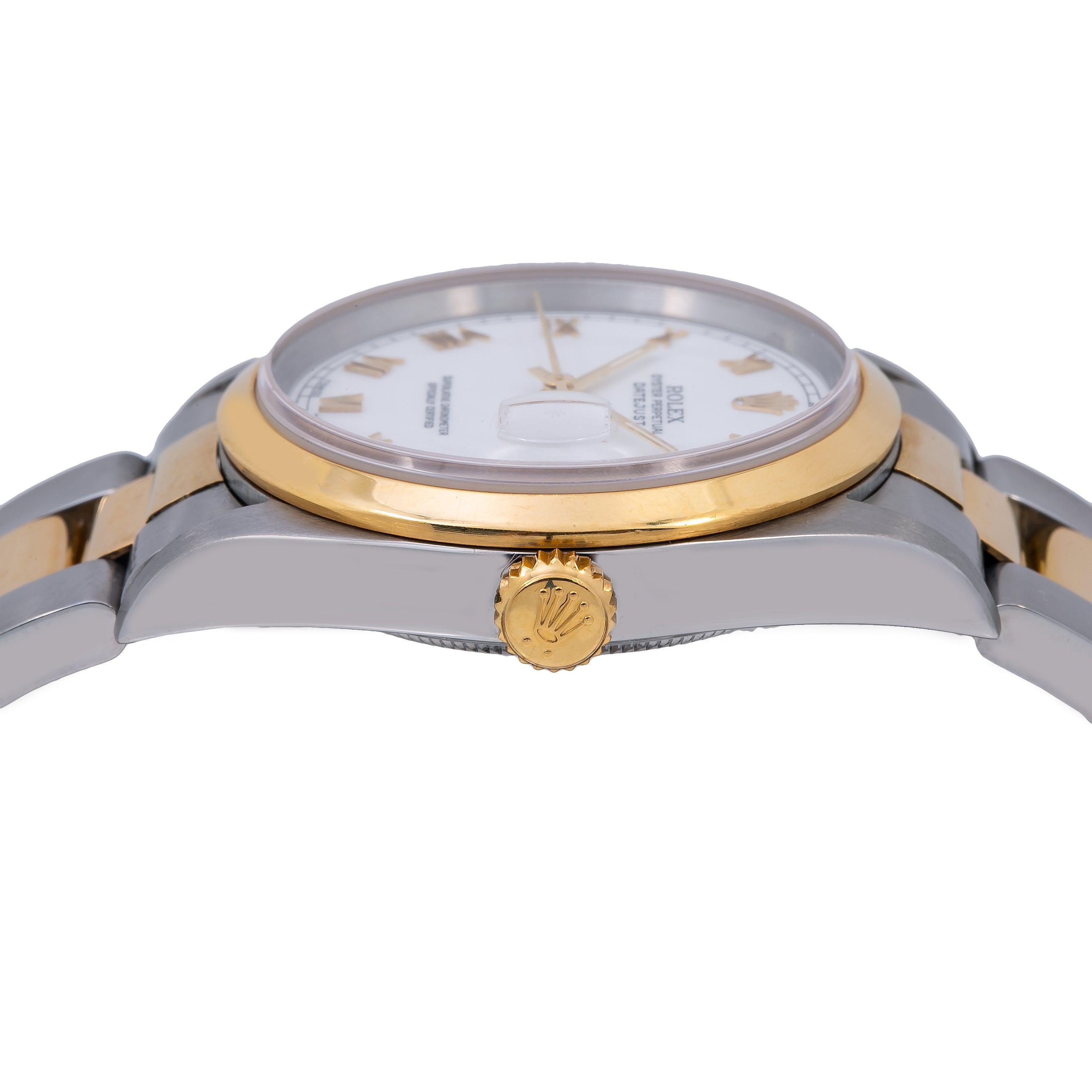 Rolex Datejust 36MM 16203 White Roman Dial Smooth Bezel Two Tone Yellow Gold Oyster Bracelet