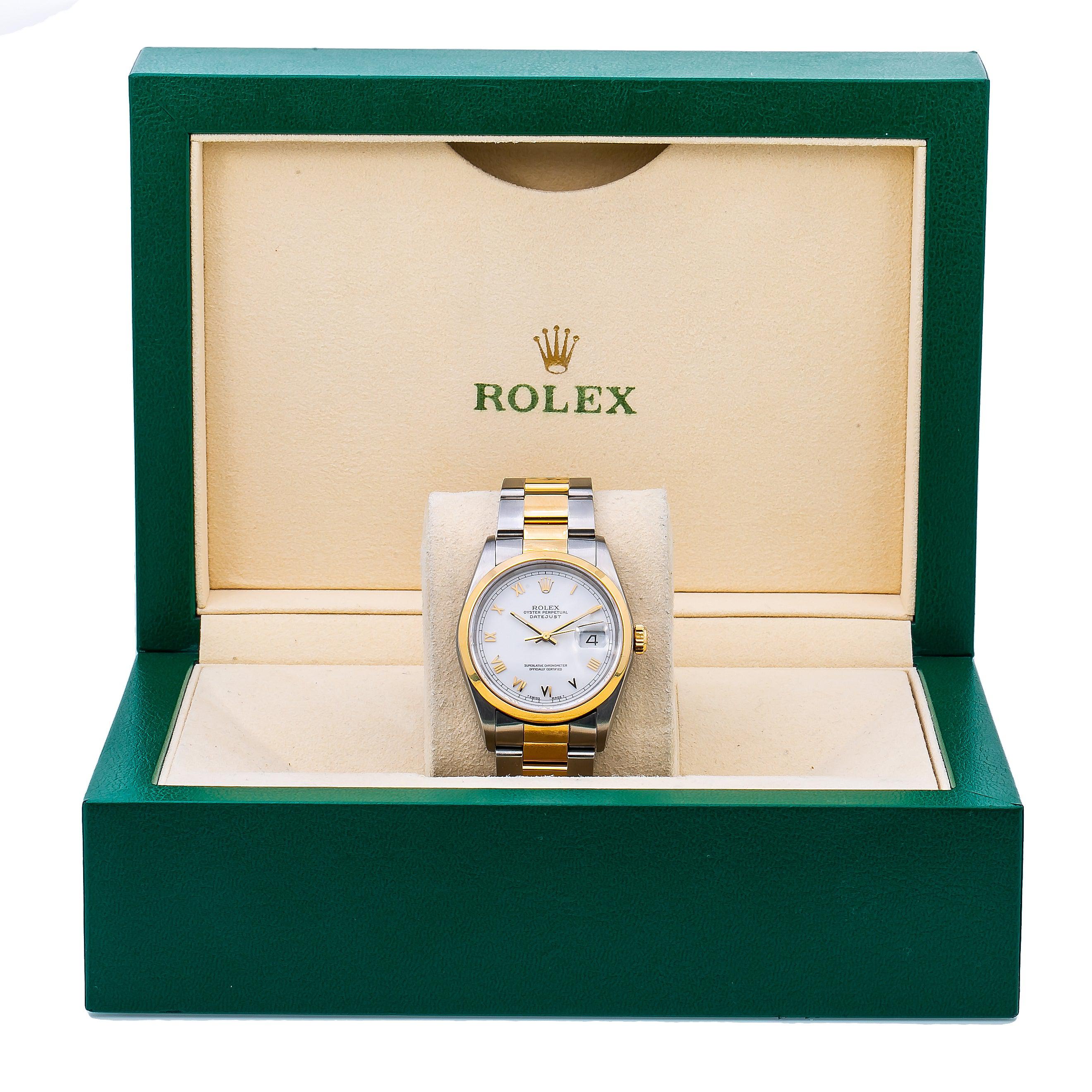 Rolex Datejust 36MM 16203 White Roman Dial Smooth Bezel Two Tone Yellow Gold Oyster Bracelet