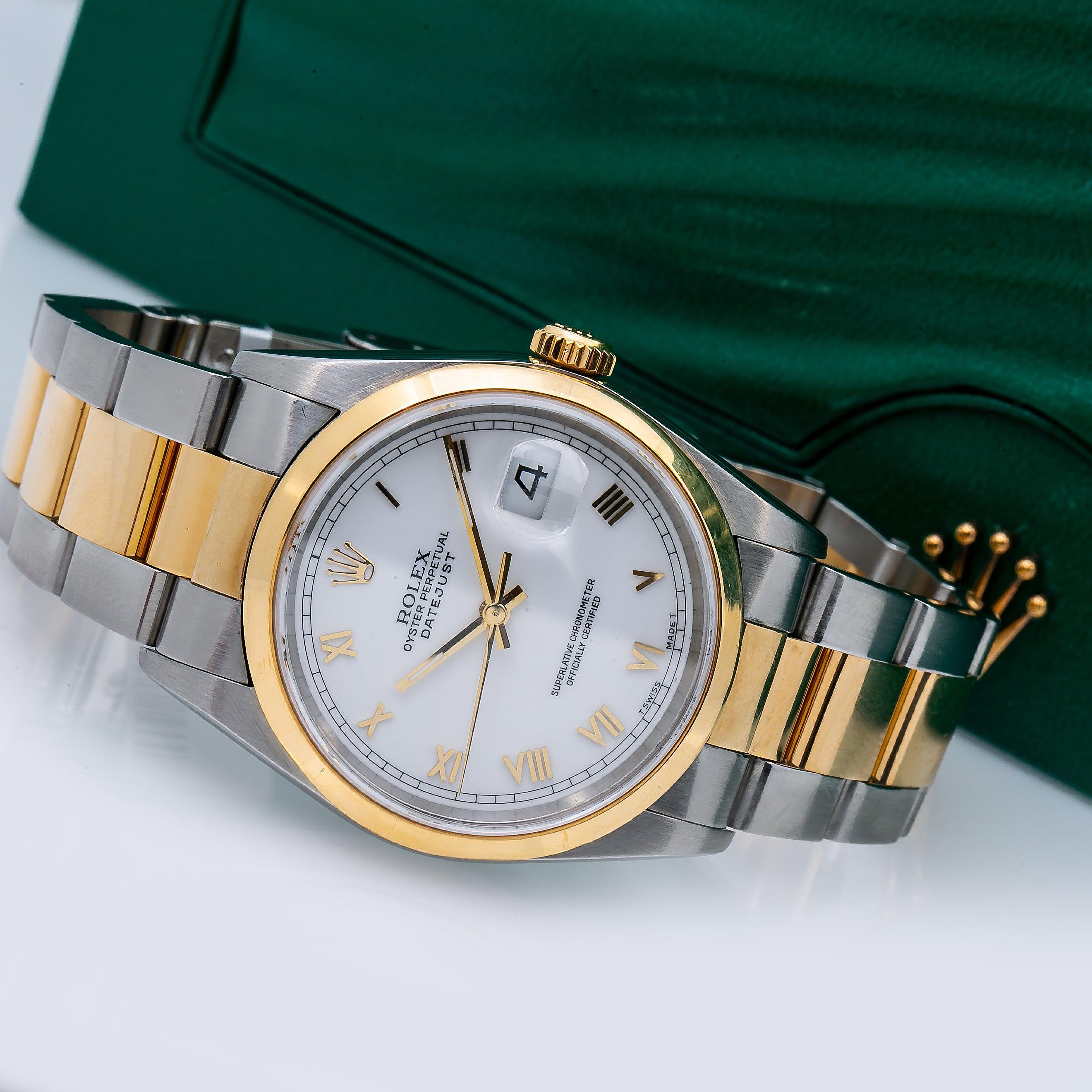 Rolex Datejust 36MM 16203 White Roman Dial Smooth Bezel Two Tone Yellow Gold Oyster Bracelet