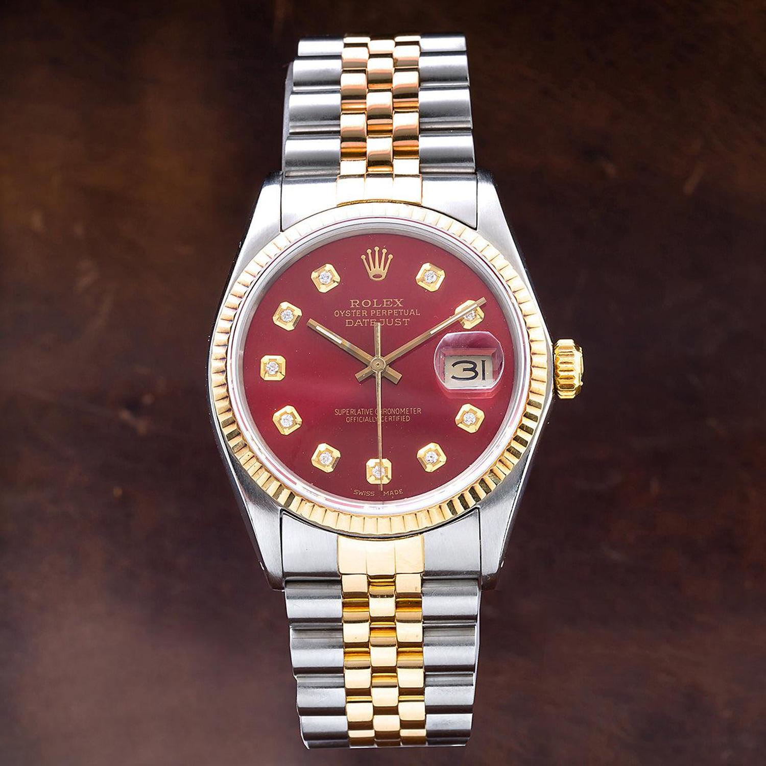 Rolex Datejust 36MM 16013 Red Diamond Dial Fluted Bezel Two Tone Yellow Gold Jubilee Bracelet