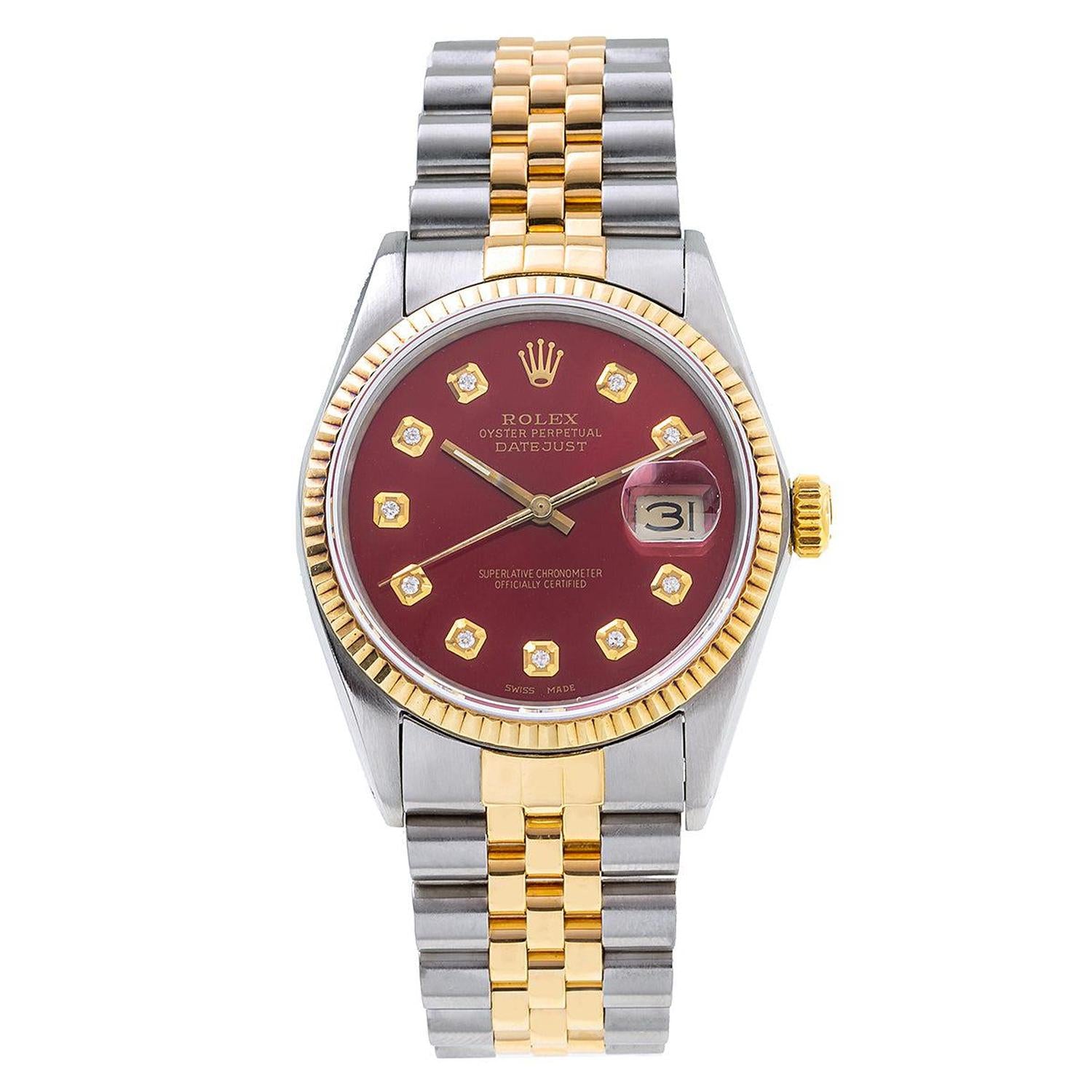 Rolex Datejust 36MM 16013 Red Diamond Dial Yellow Gold Fluted Bezel Two Tone Jubilee Bracelet