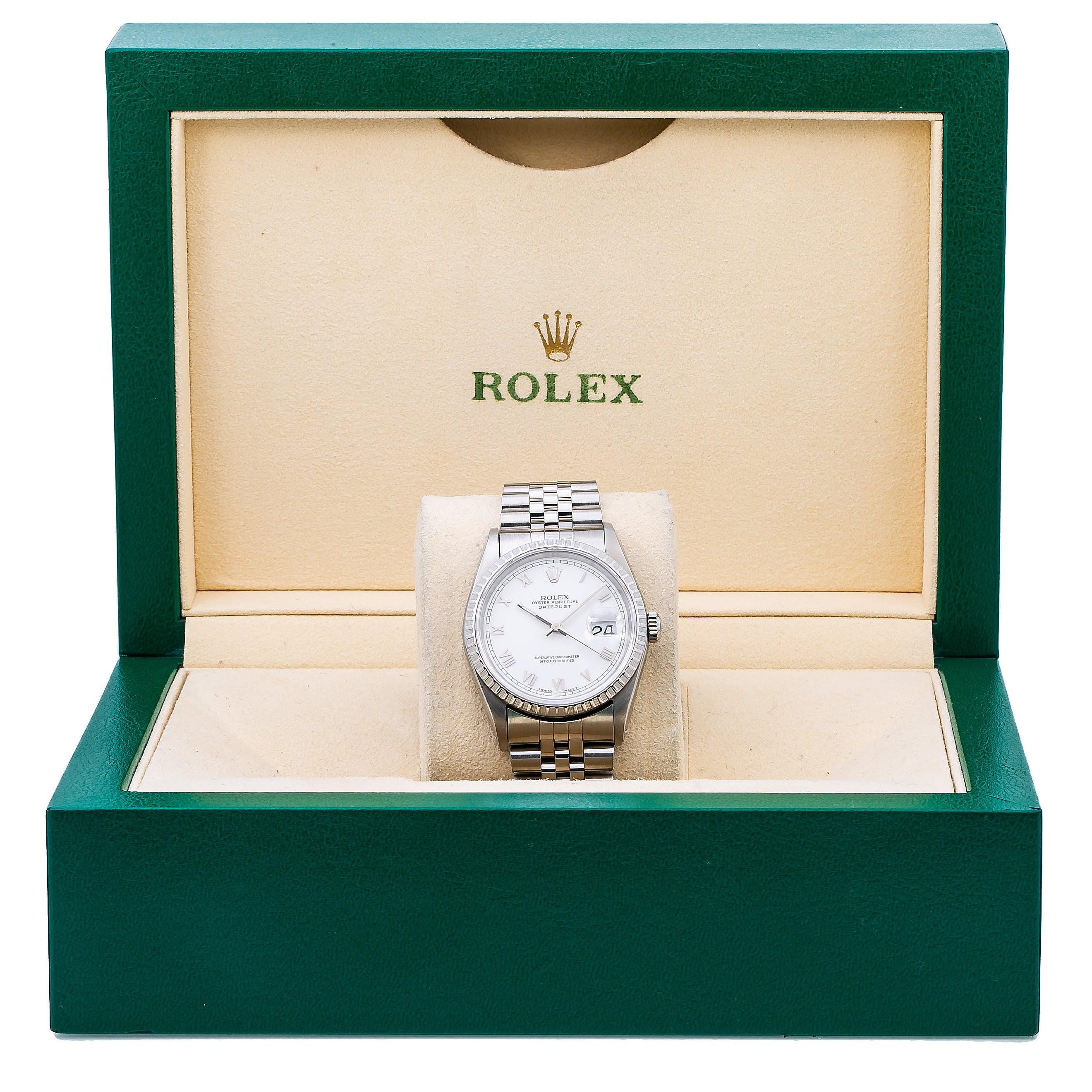 Rolex Datejust 36MM 16220 White Roman Dial Engine Turned Bezel Stainless Steel Jubilee Bracelet