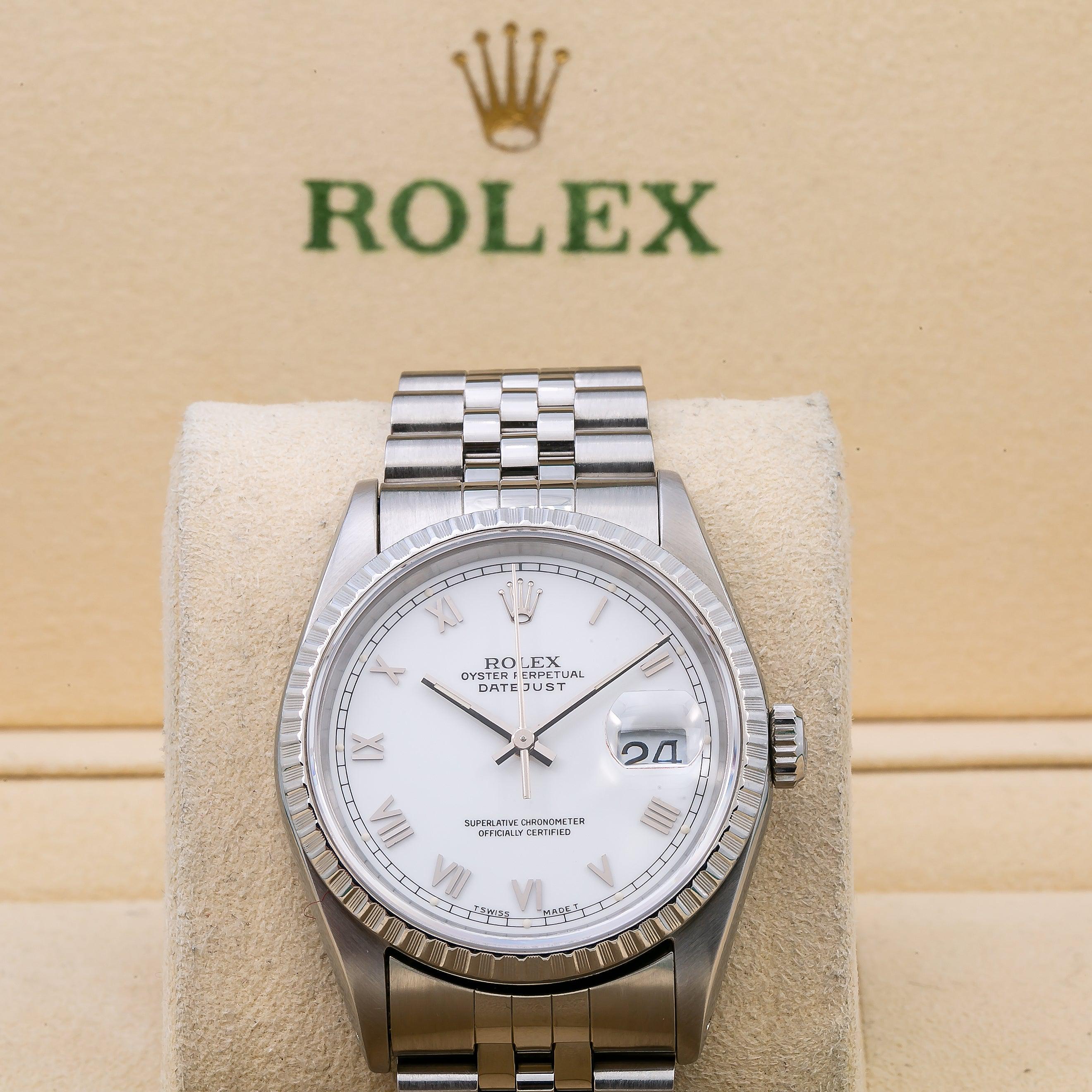 Rolex Datejust 36MM 16220 White Roman Dial Engine Turned Bezel Stainless Steel Jubilee Bracelet