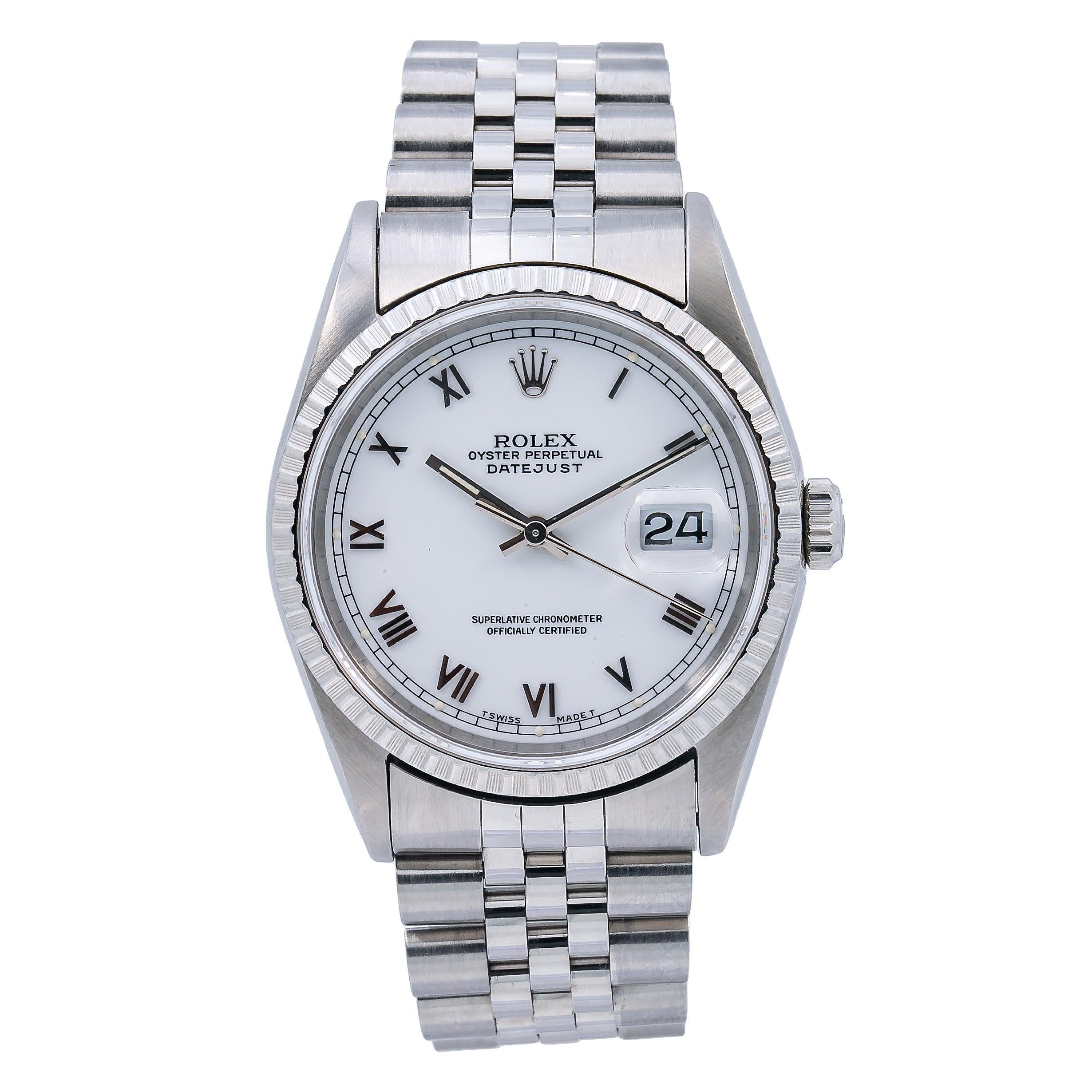 Rolex Datejust 36MM 16220 White Roman Dial Engine Turned Bezel Stainless Steel Jubilee Bracelet
