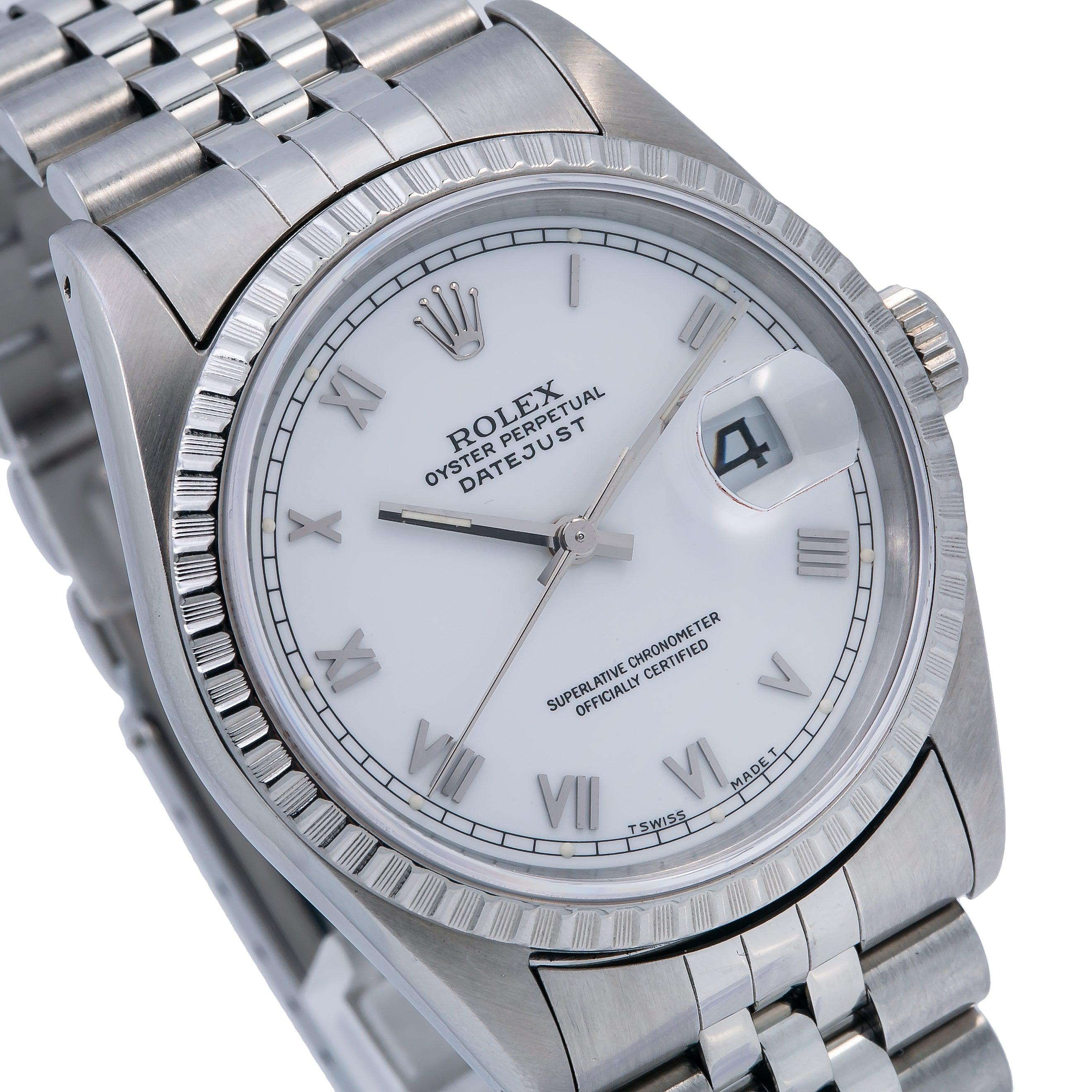 Rolex Datejust 36MM 16220 White Roman Dial Engine Turned Bezel Stainless Steel Jubilee Bracelet