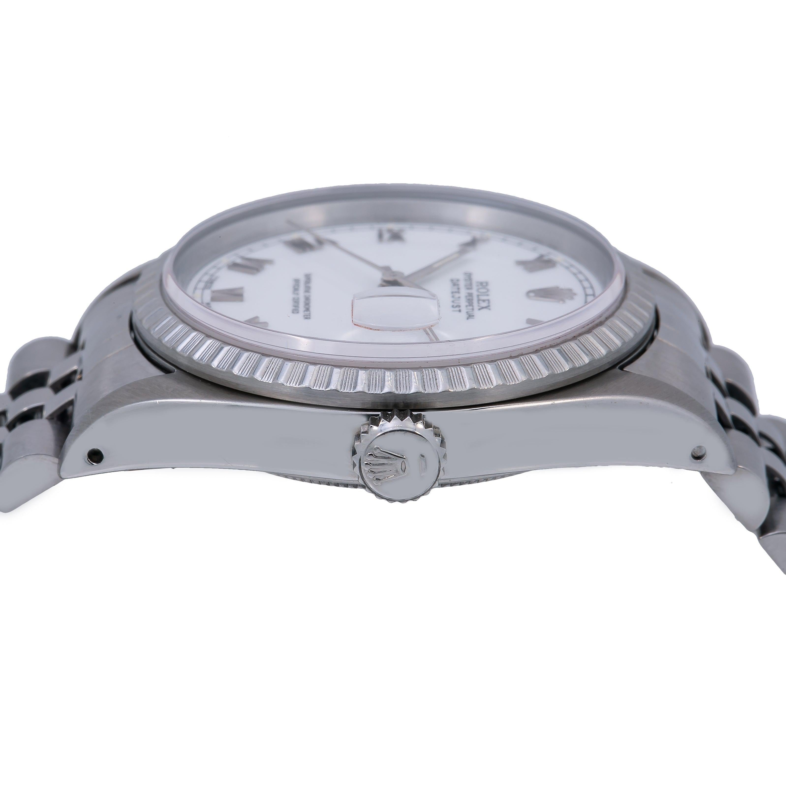 Rolex Datejust 36MM 16220 White Roman Dial Engine Turned Bezel Stainless Steel Jubilee Bracelet