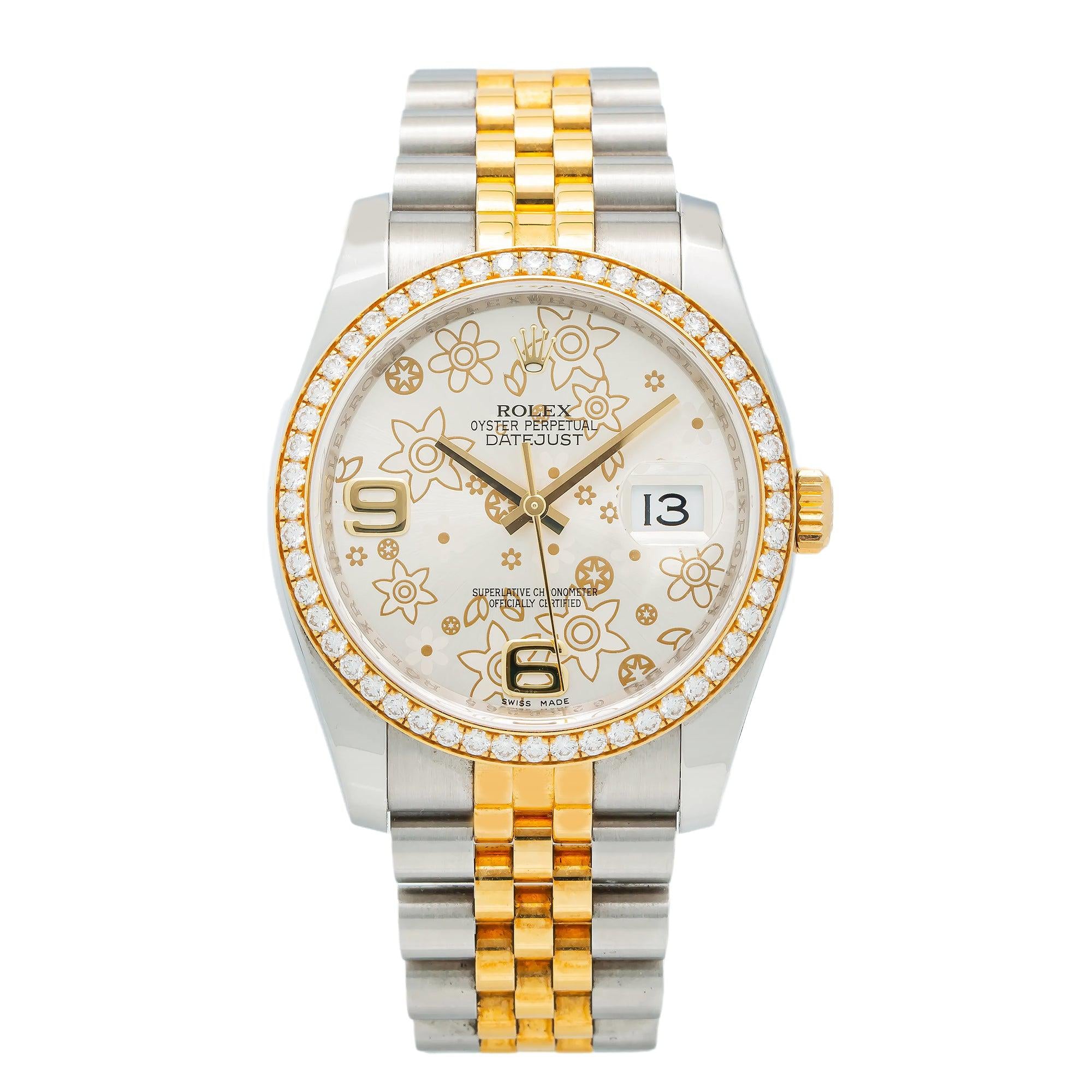 Rolex Datejust 36MM 116243 Silver Floral Arabic Dial Diamond Bezel Two Tone Jubilee Bracelet
