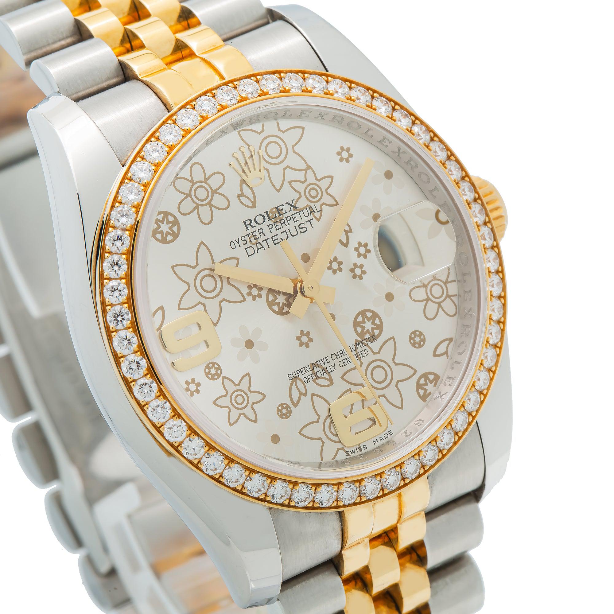 Rolex Datejust 36MM 116243 Silver Floral Arabic Dial Diamond Bezel Two Tone Yellow Gold Jubilee Bracelet