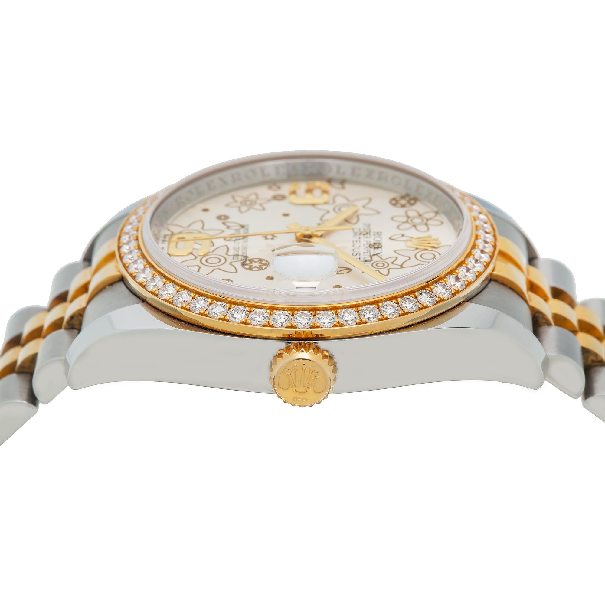 Rolex Datejust 36MM 116243 Silver Floral Arabic Dial Diamond Bezel Two Tone Yellow Gold Jubilee Bracelet