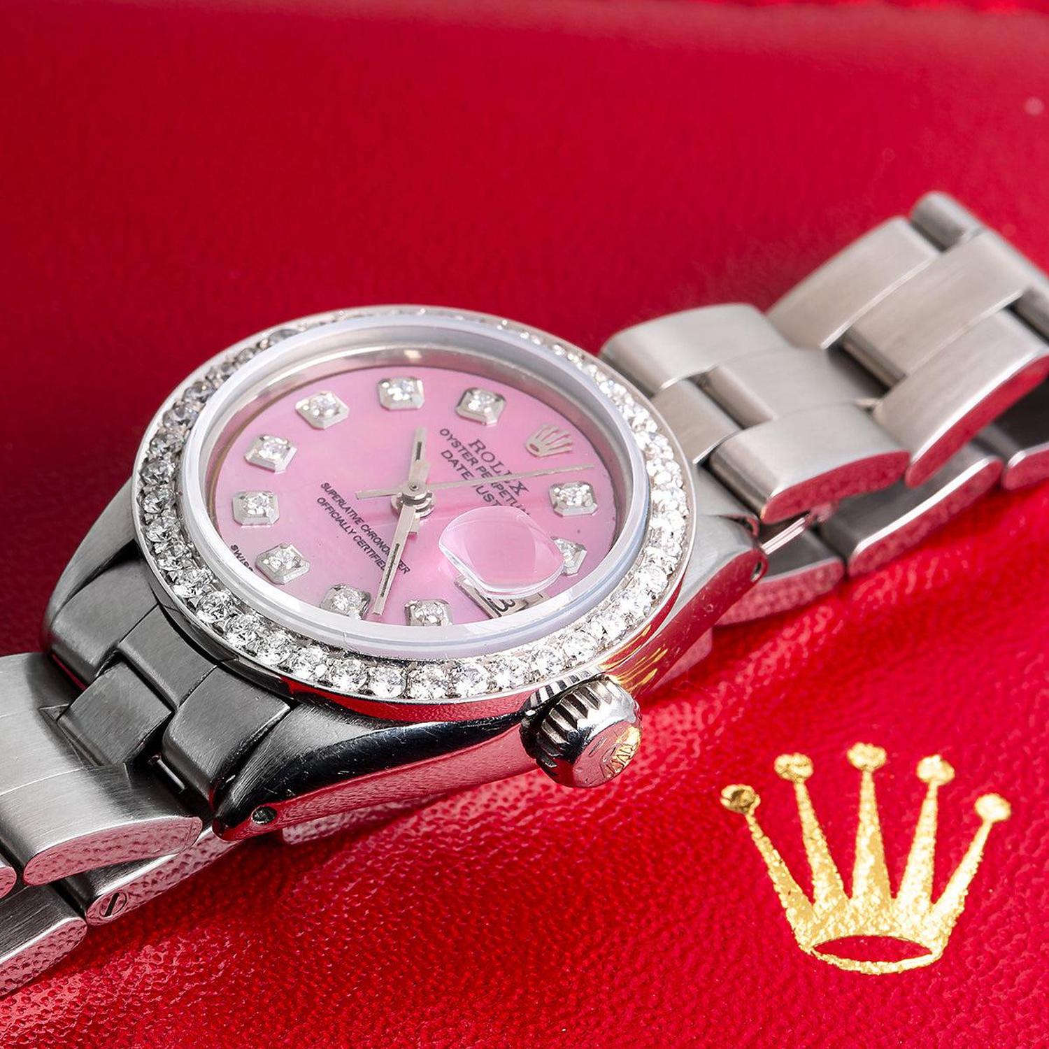 Rolex Datejust 26MM 6916 Pink Mother of Pearl Diamond Dial Diamond Bezel Stainless Steel Oyster Bracelet 1.3ct