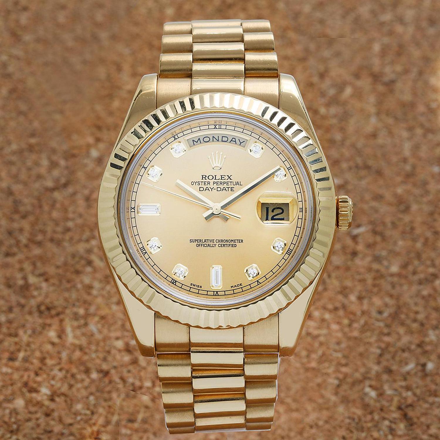 Rolex Day-Date II 41MM 218238 Champagne Diamond Dial Fluted Bezel 18K Yellow Gold President Bracelet