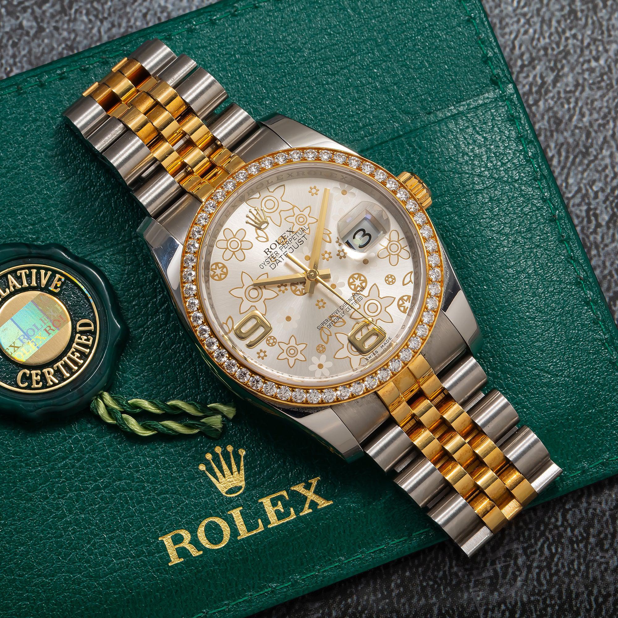 Rolex Datejust 36MM 116243 Silver Floral Arabic Dial Diamond Bezel Two Tone Yellow Gold Jubilee Bracelet