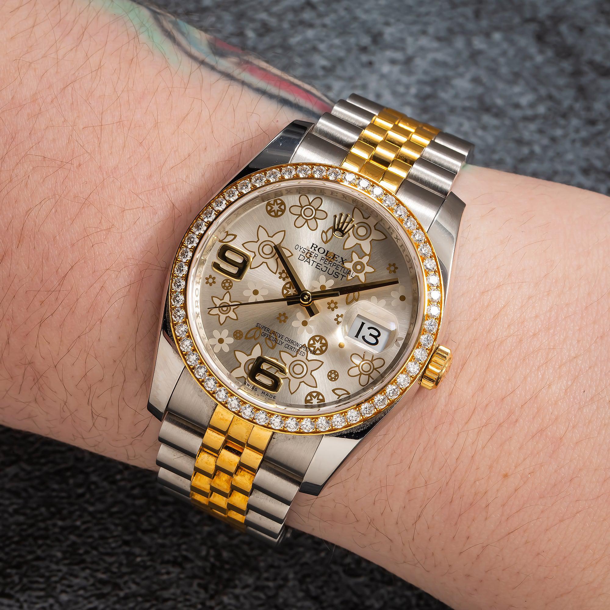 Rolex Datejust 36MM 116243 Silver Floral Arabic Dial Diamond Bezel Two Tone Yellow Gold Jubilee Bracelet