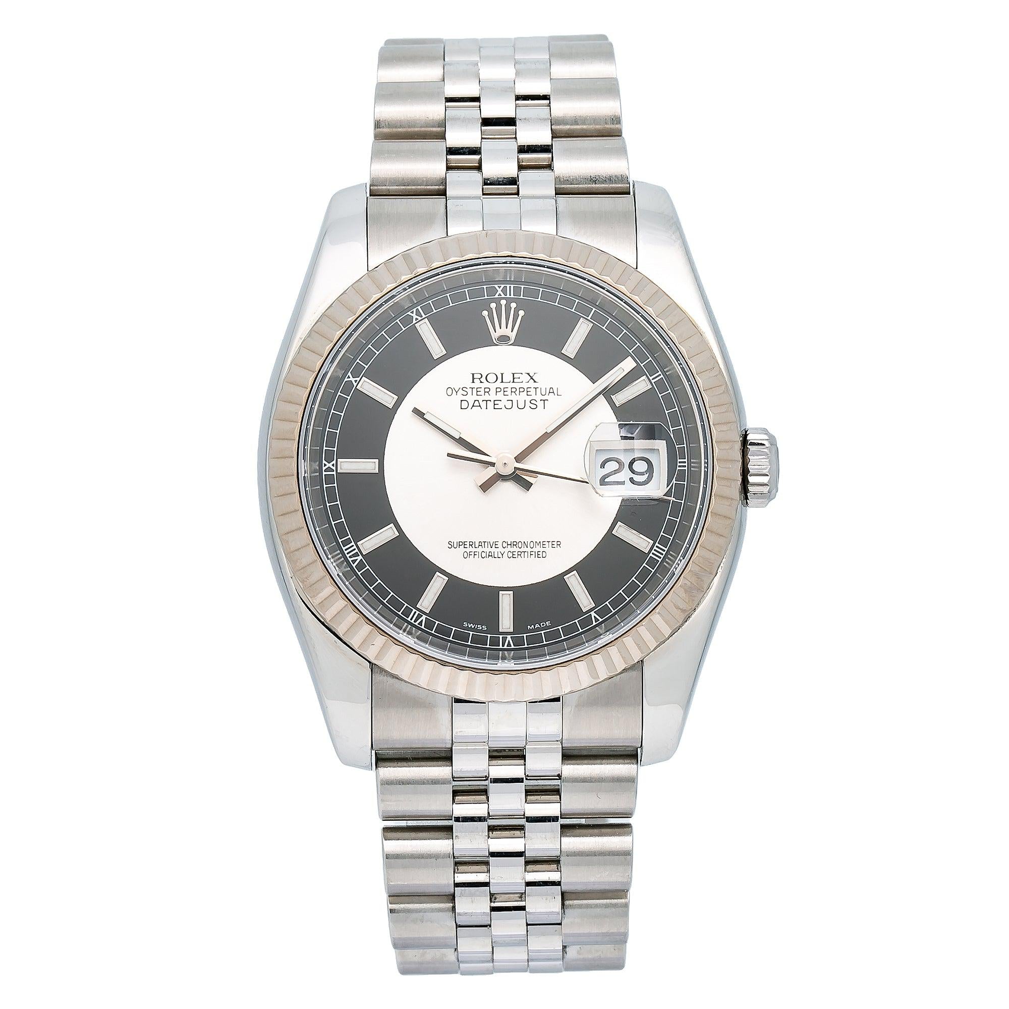 Rolex Datejust 36MM 116234 Black Tuxedo Dial White Gold Fluted Bezel Stainless Steel Jubilee Bracelet