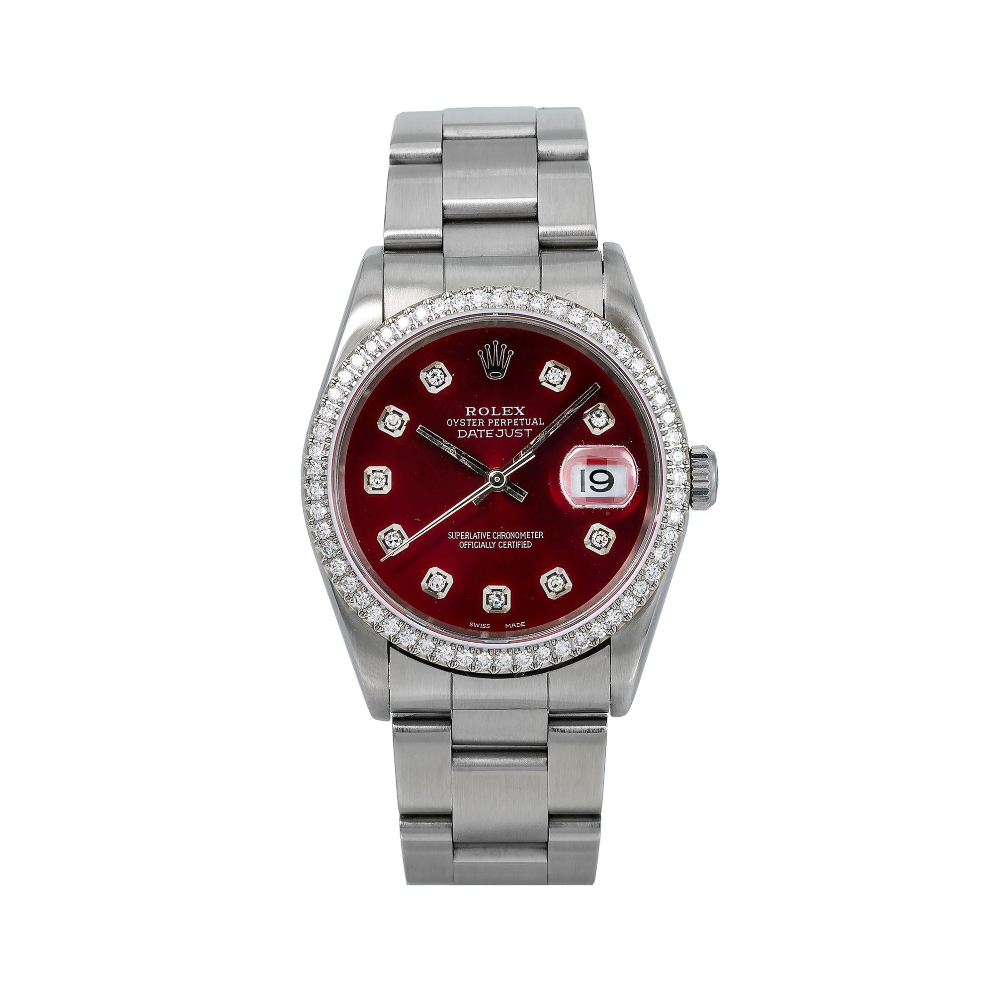 Rolex Datejust 36MM 16200 Red Diamond Dial Diamond Bezel Stainless Steel Oyster Bracelet