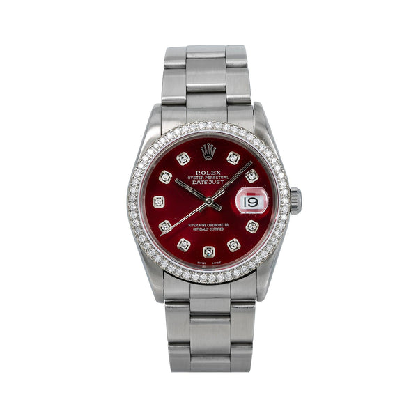 Rolex Datejust Diamond Watch 16200 36mm Red Diamond Dial With