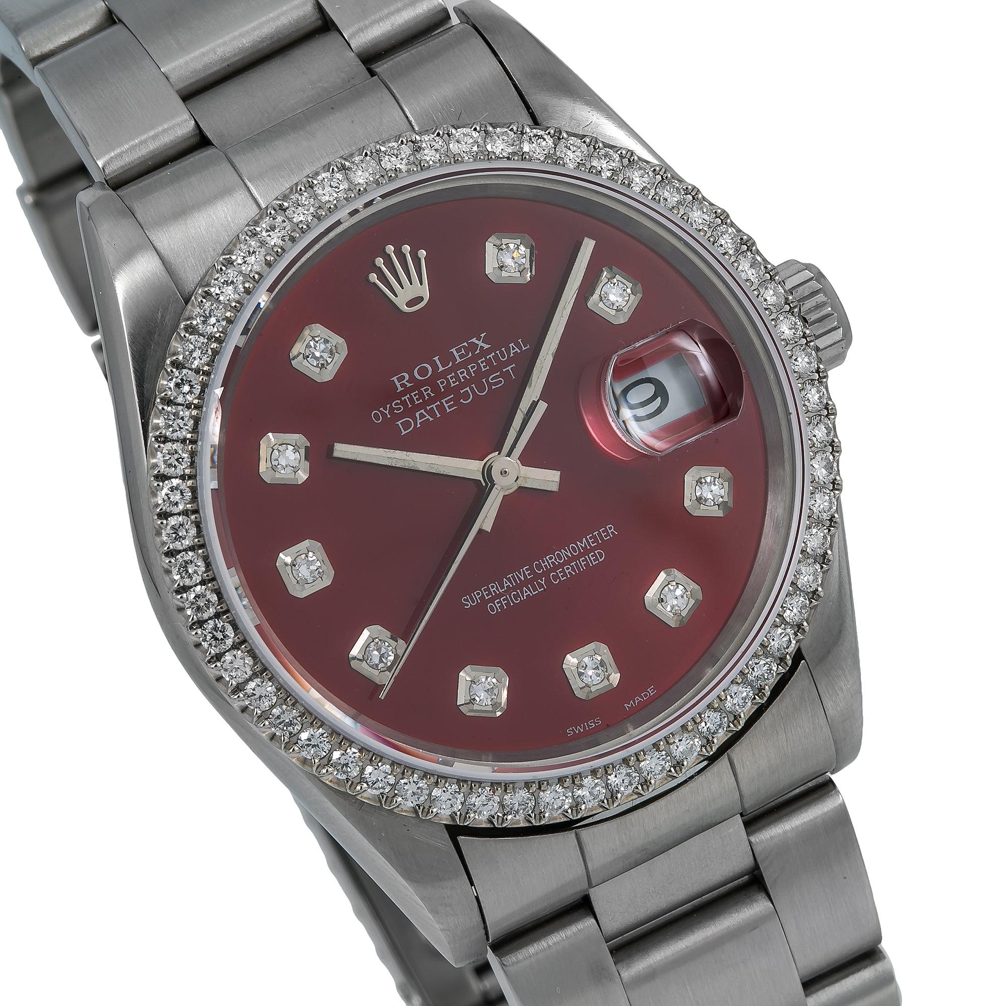 Rolex Datejust 36MM 16200 Red Diamond Dial Diamond Bezel Stainless Steel Oyster Bracelet
