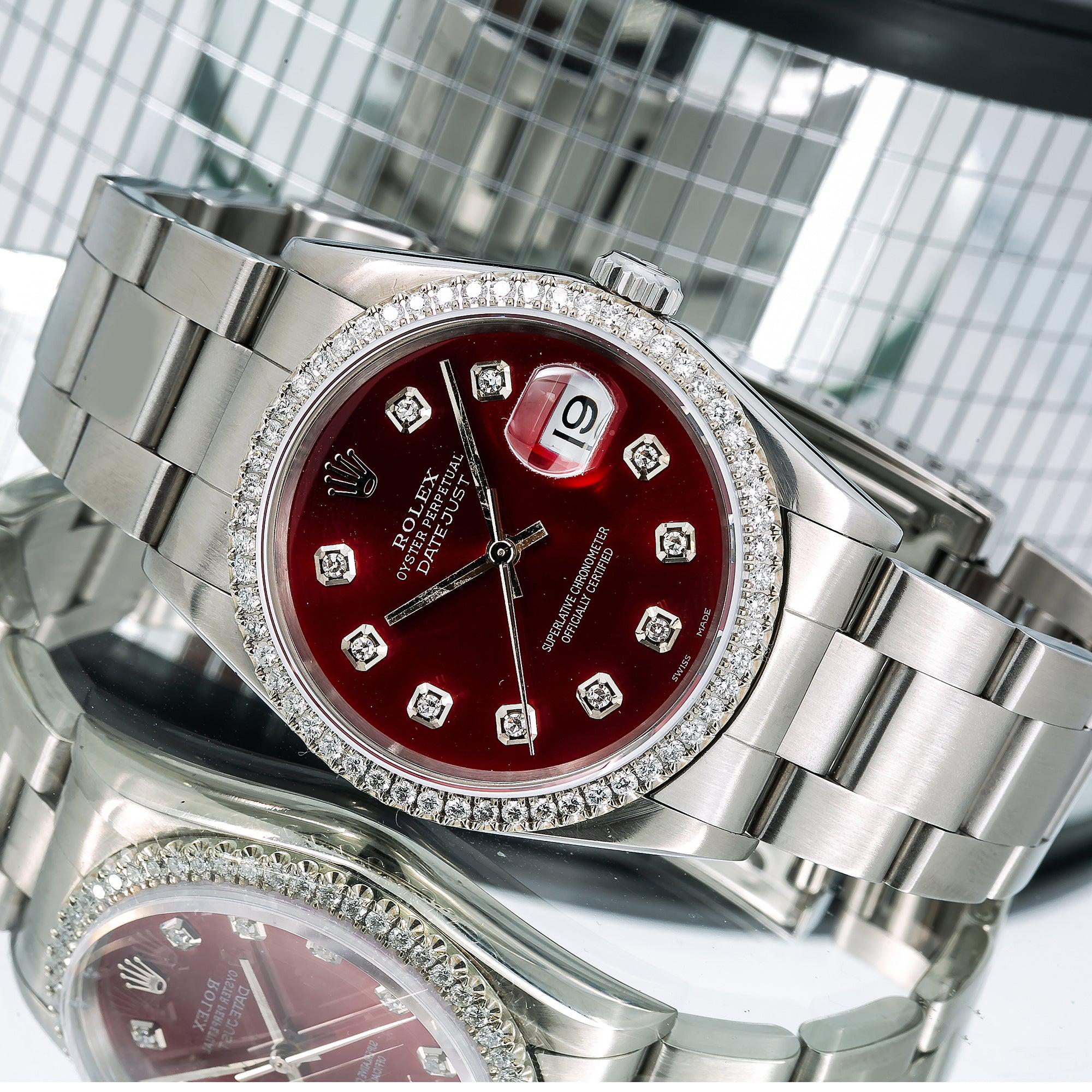 Rolex Datejust 36MM 16200 Red Diamond Dial Diamond Bezel Stainless Steel Oyster Bracelet